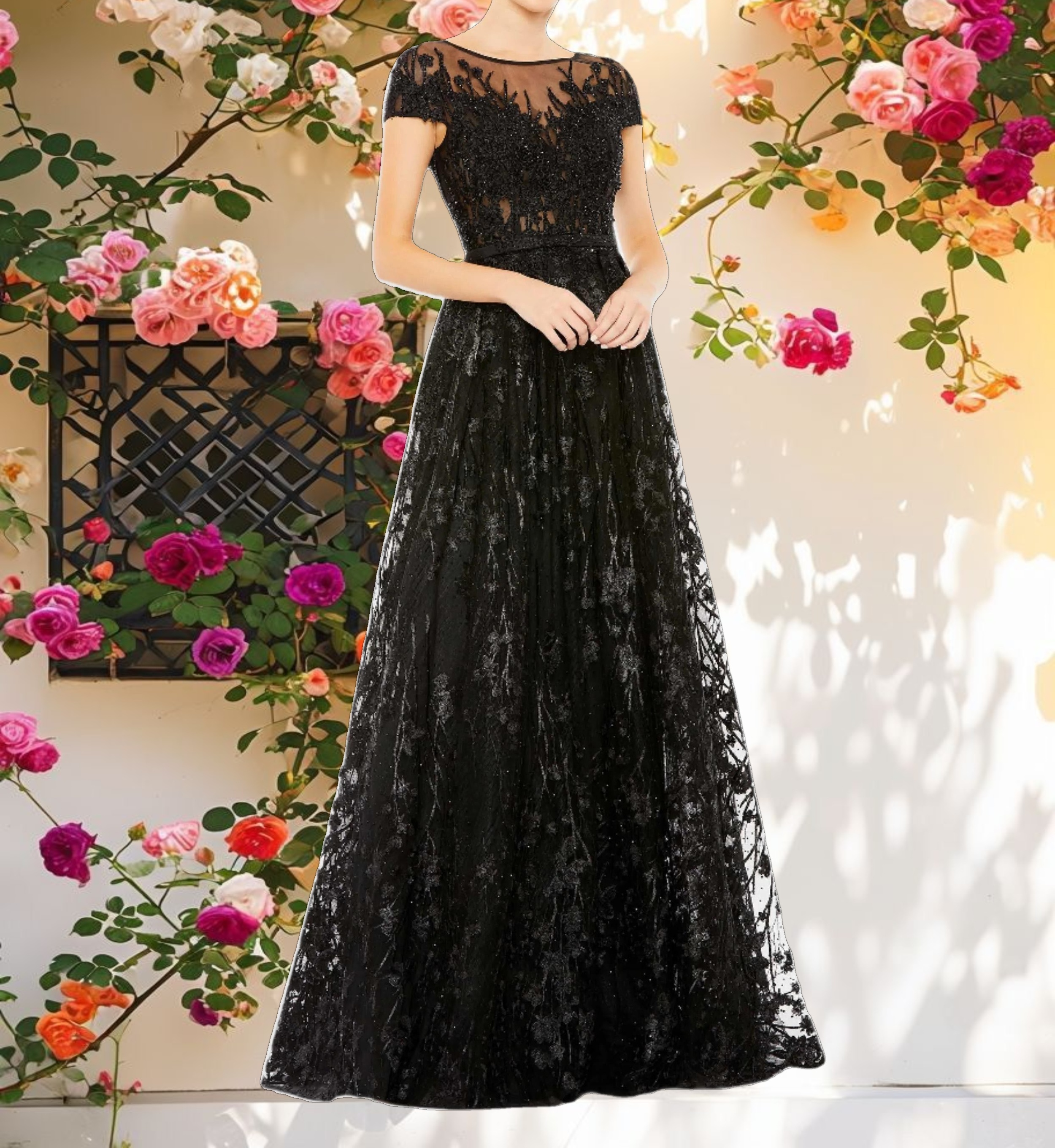 Black Embellished Floral Cap Sleeve A Line Gown