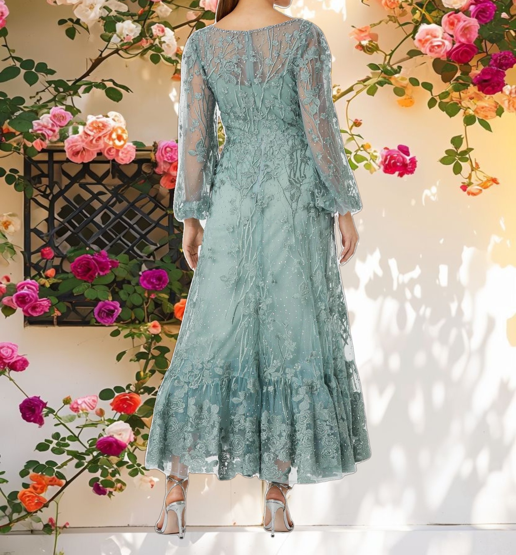 V Neck Mesh Puff Sleeve A Line Embellished Dress