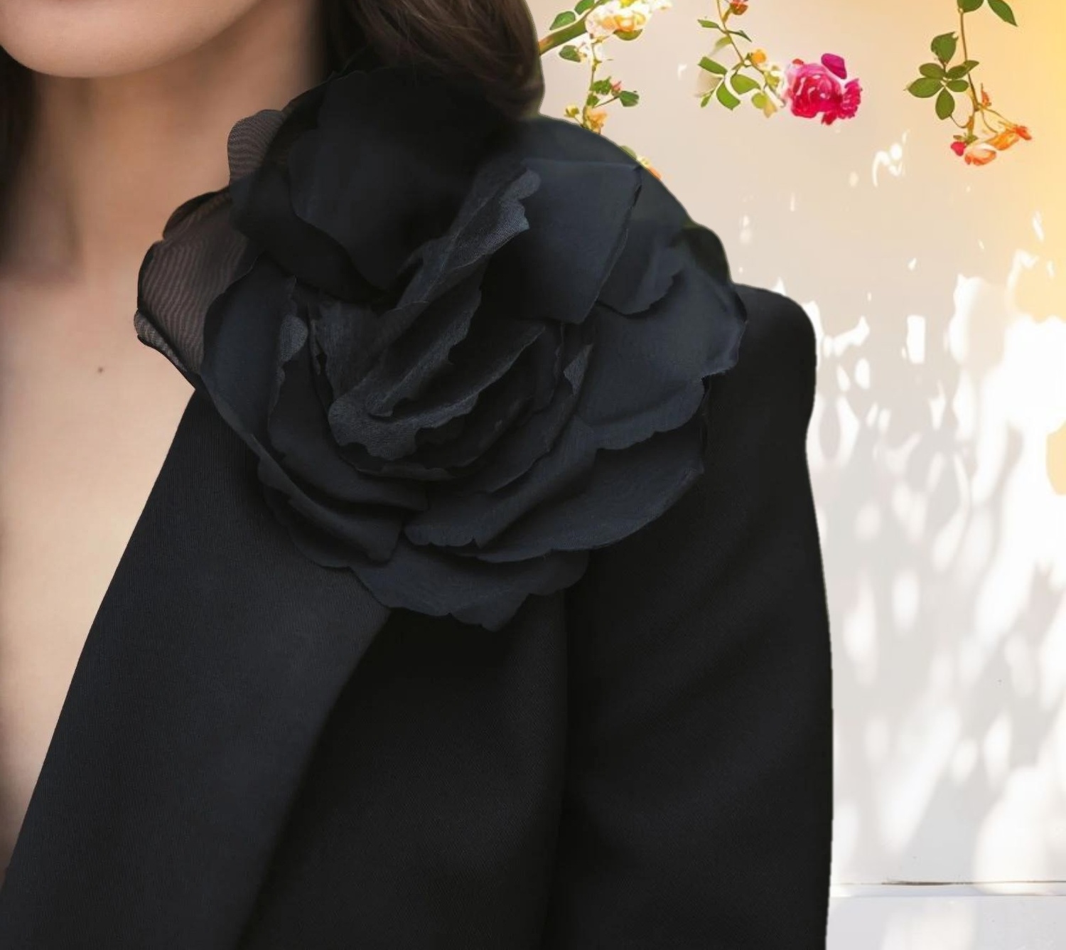 Notch Collar Crepe Cropped Tailored Blazer Jacket with 3D Flower