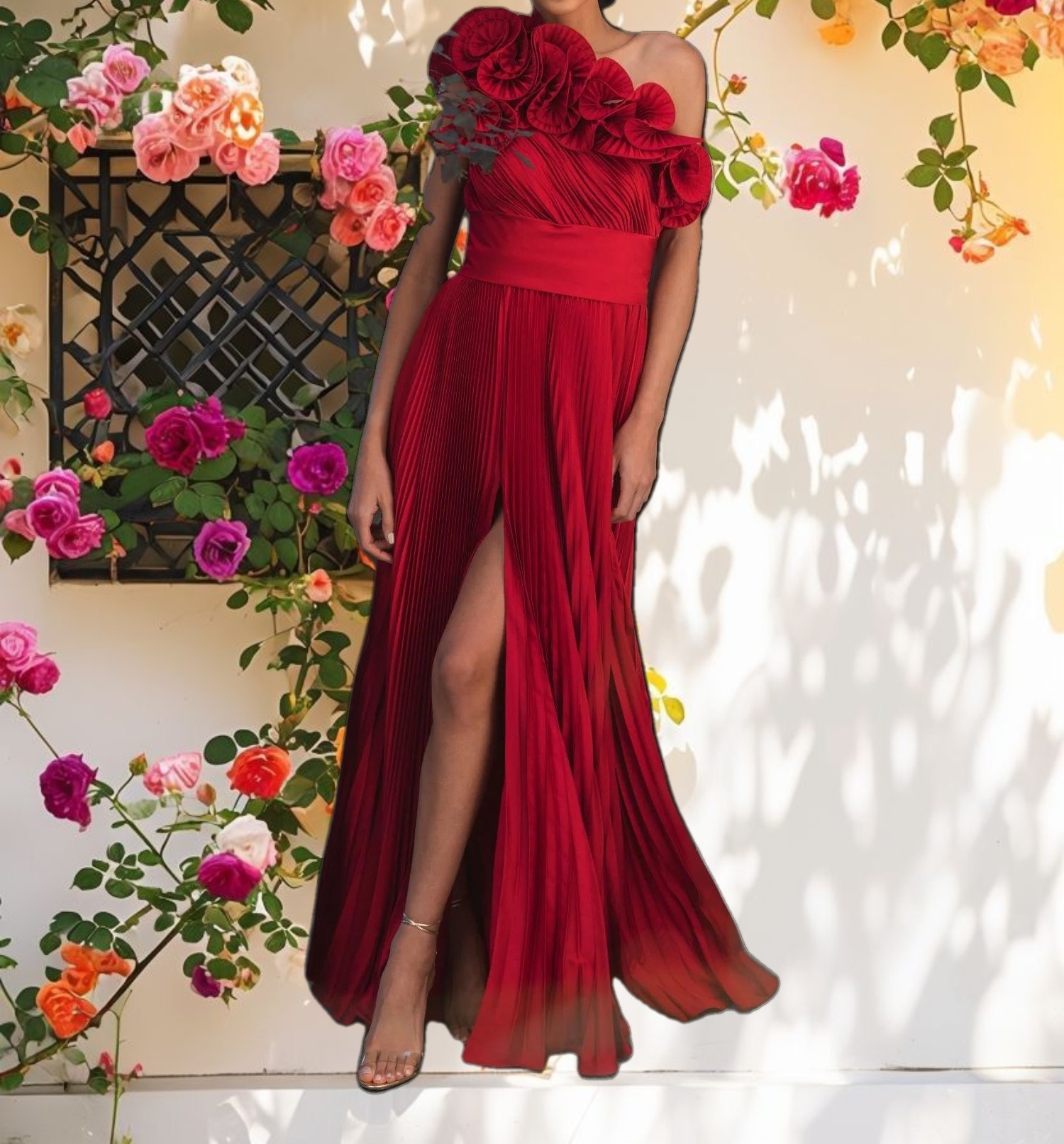 Red Pleated Ruffle One Shoulder Gown