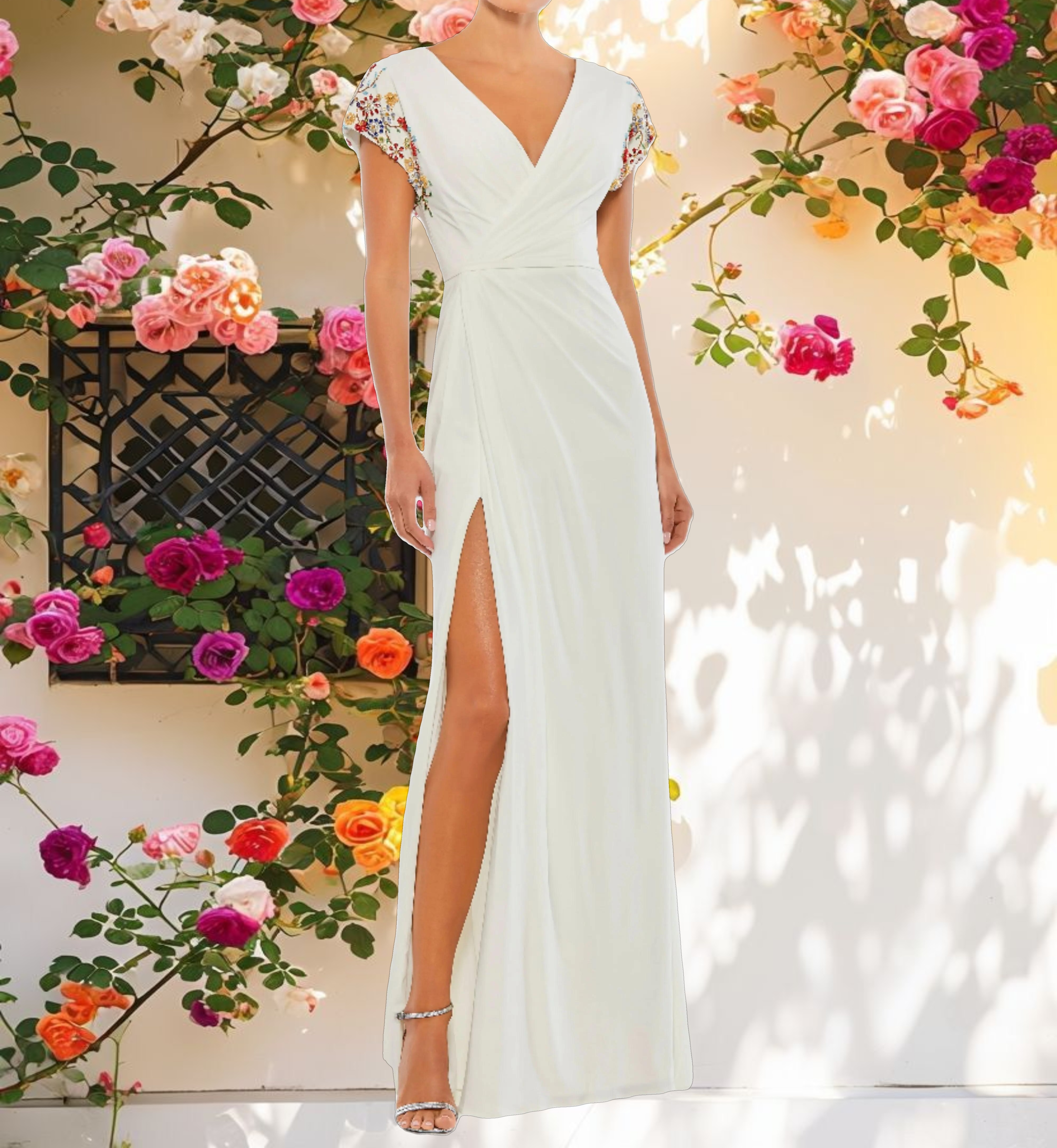 White Embellished Sleeve Jersey Wrap Gown