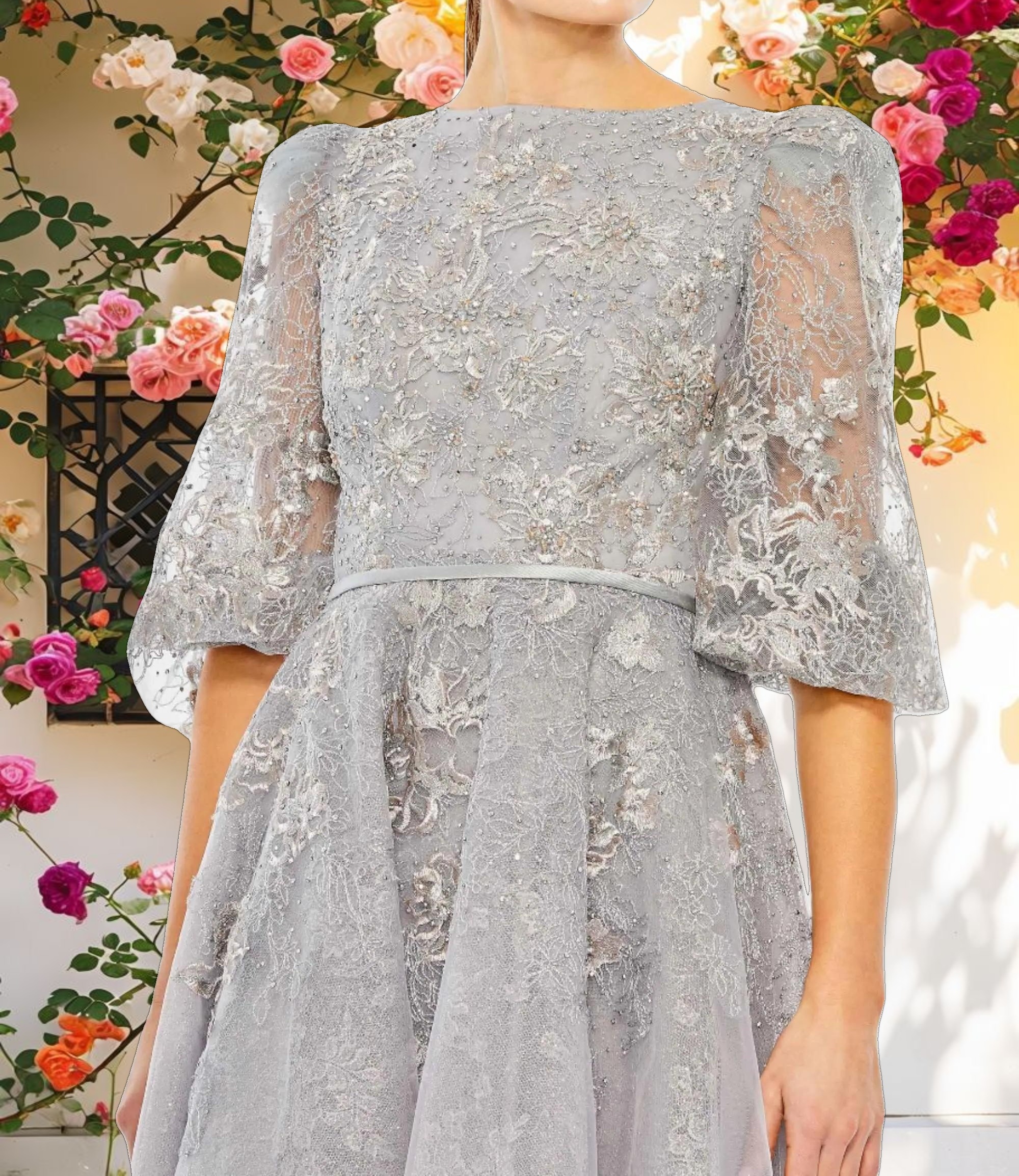 High Neck Puff Sleeve Embellished Gown