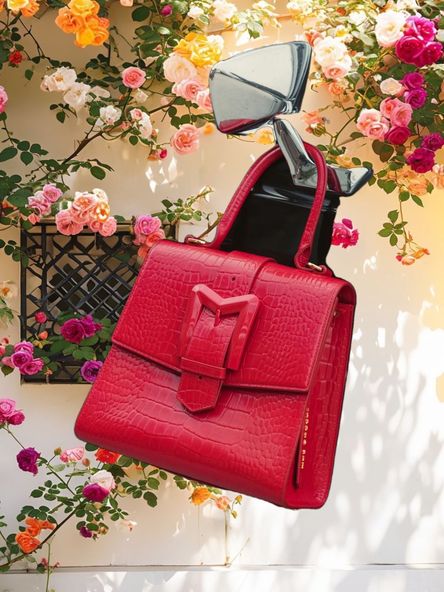 Buckled Medium Croco Leather Handbag with Detachable Strap