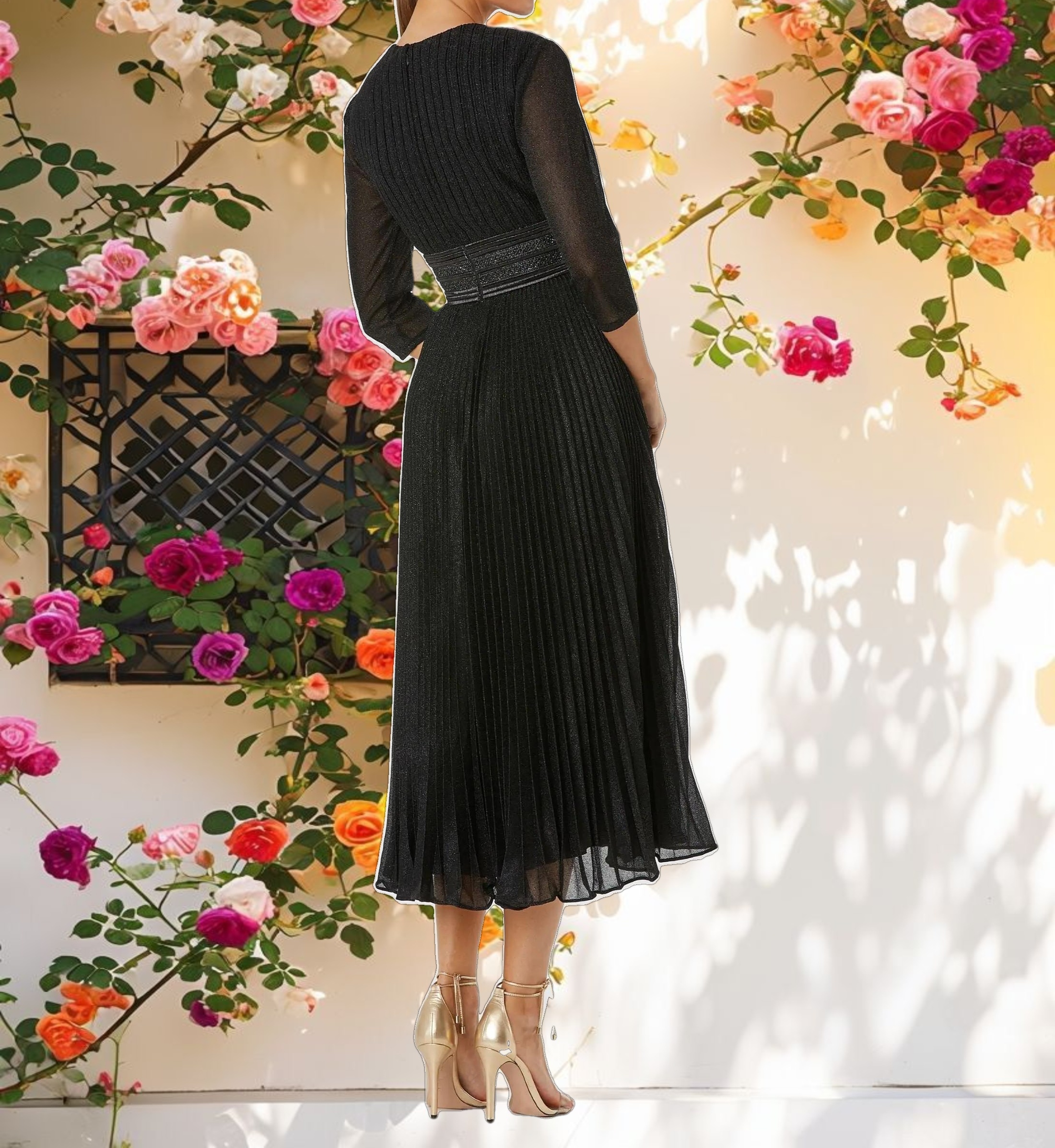 Black Shimmering 3/4 Sleeve A Line Midi Dress