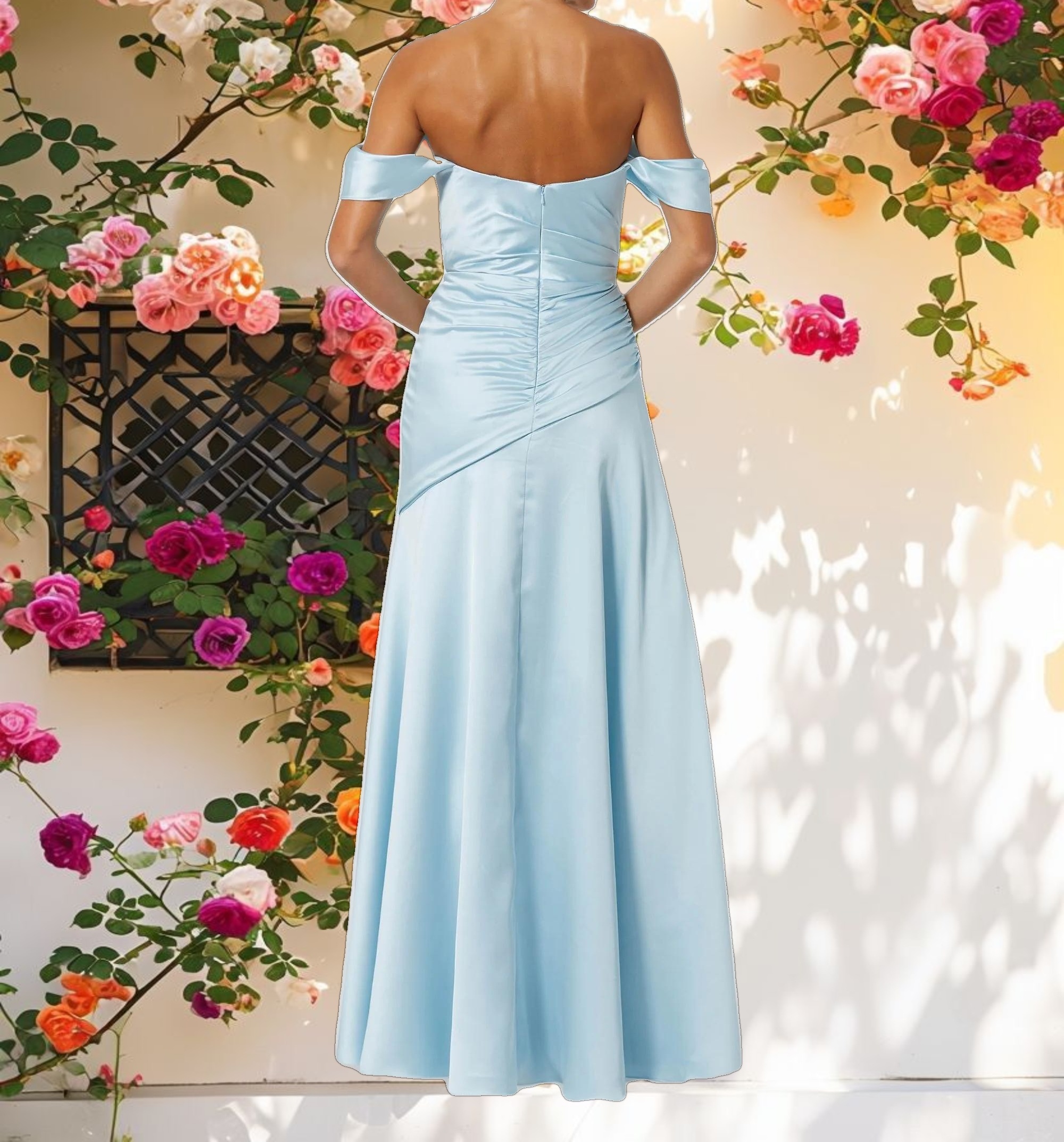 Blue Hard Satin Off The Shoulder Crossover Gown