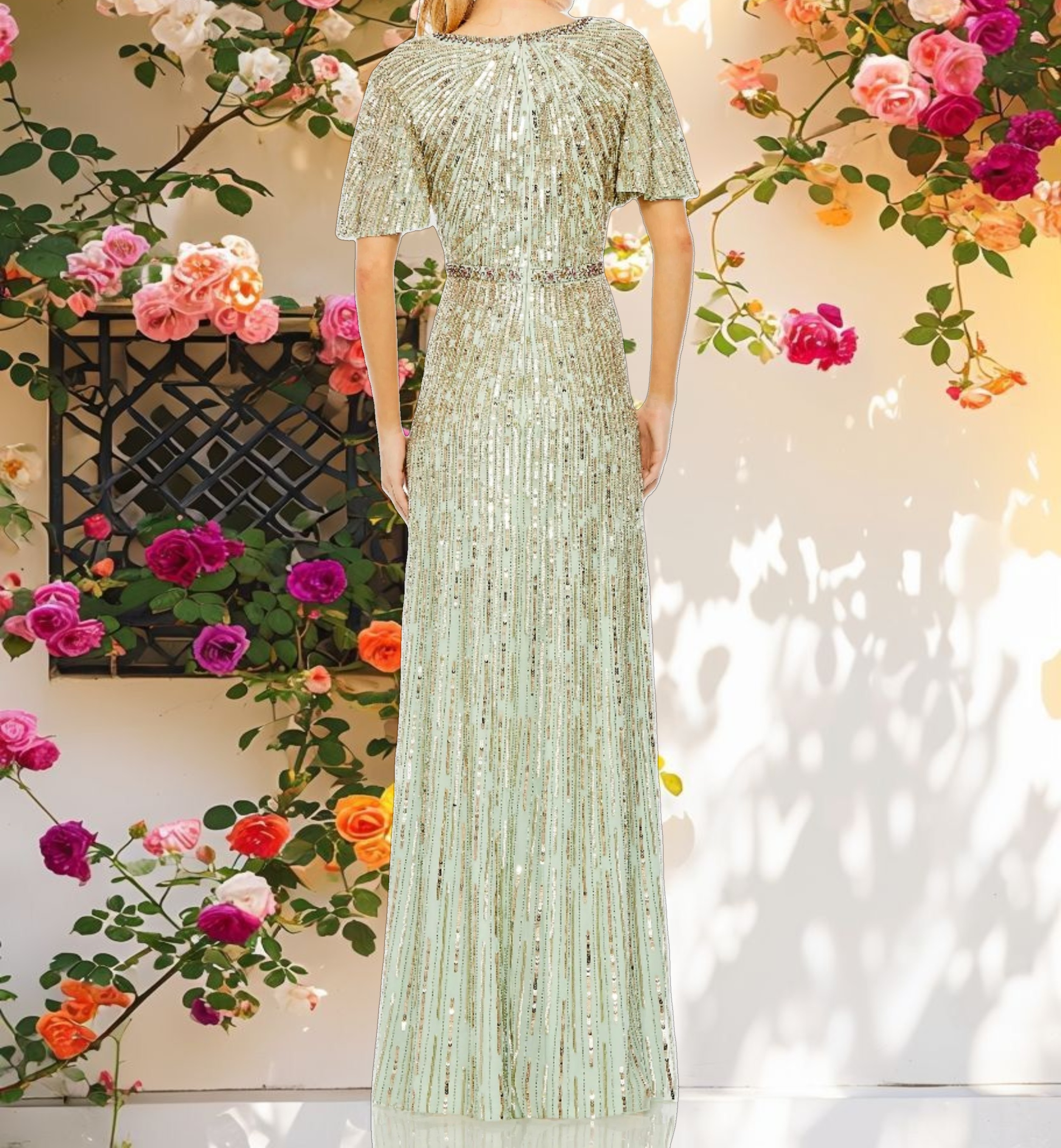 Embellished V Neck Butterfly Sleeve Column Gown