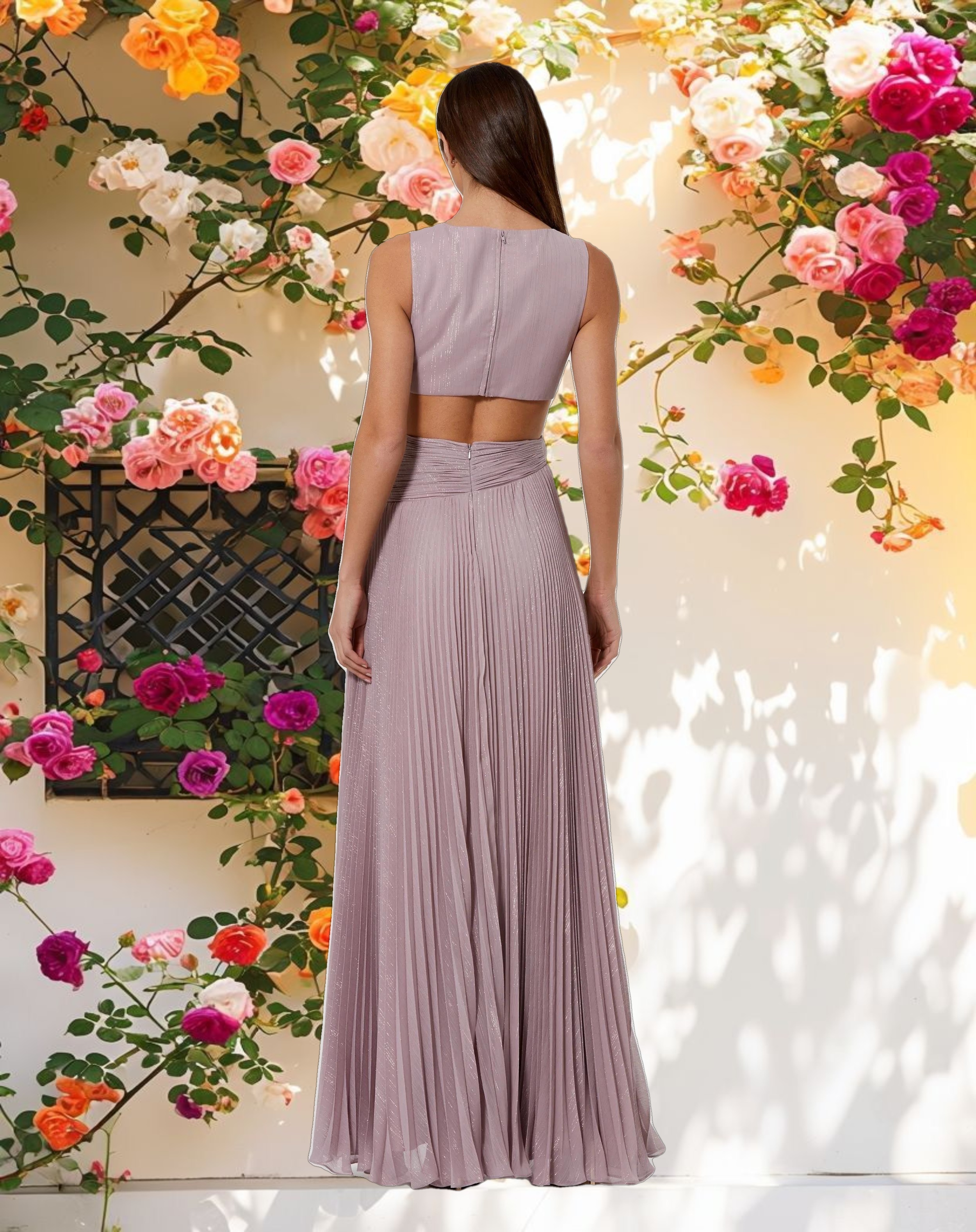 Purple Ruched Chiffon Sleeveless Gown With 3D Flower