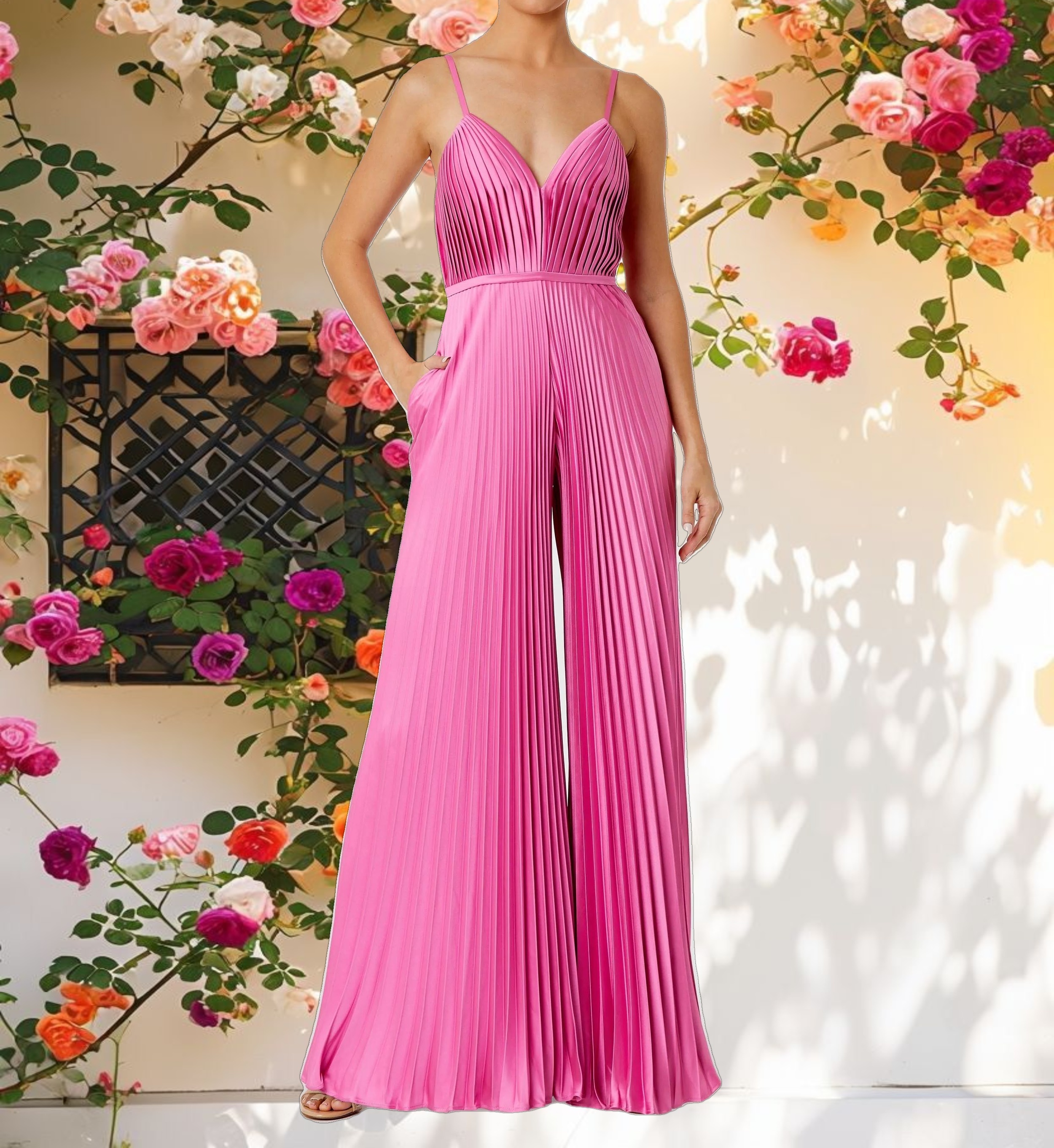 Pleated Plunge Neck Wide Leg Jumpsuit