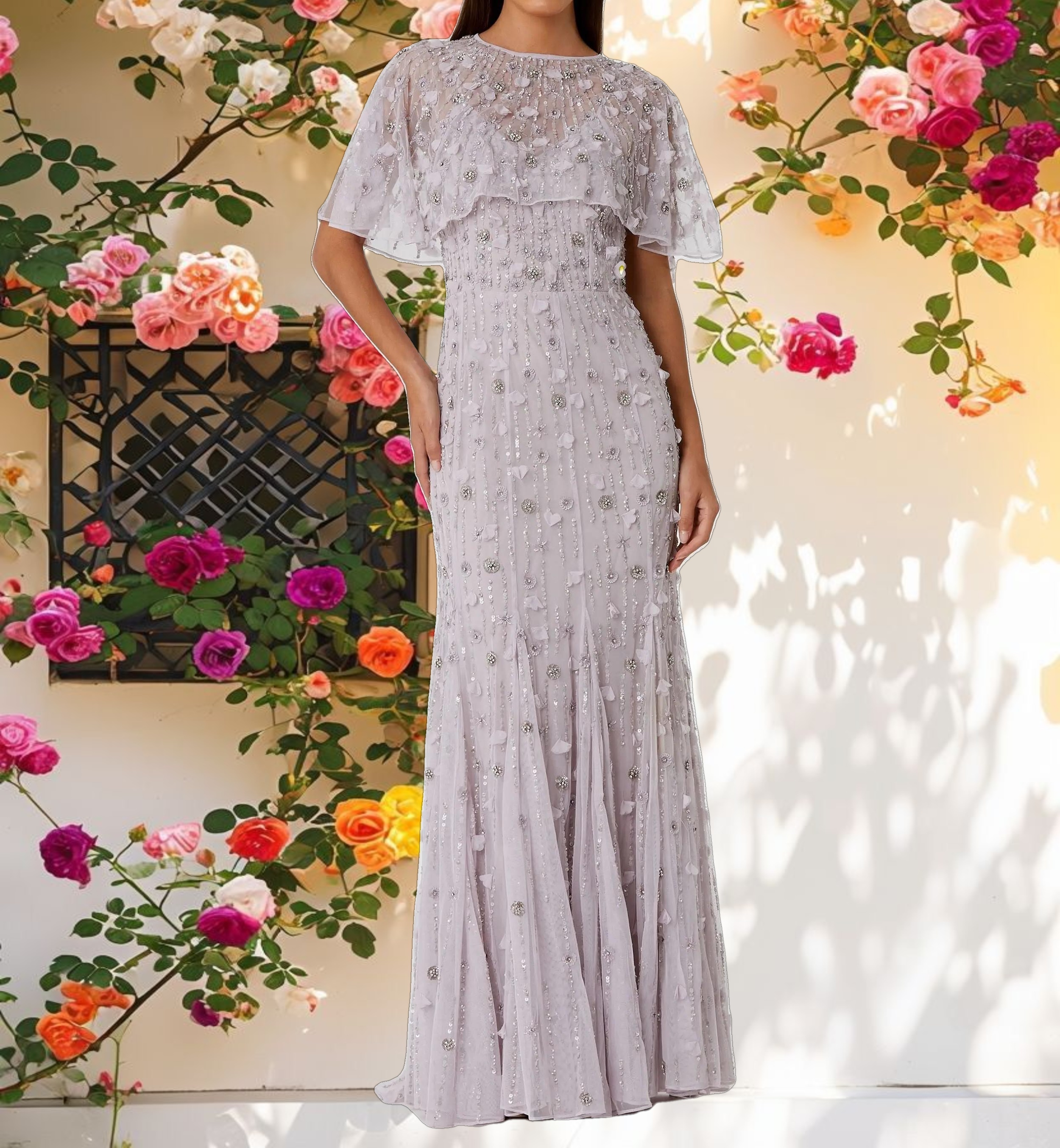 Embellished Illusion Cape Sleeve Trumpet Gown