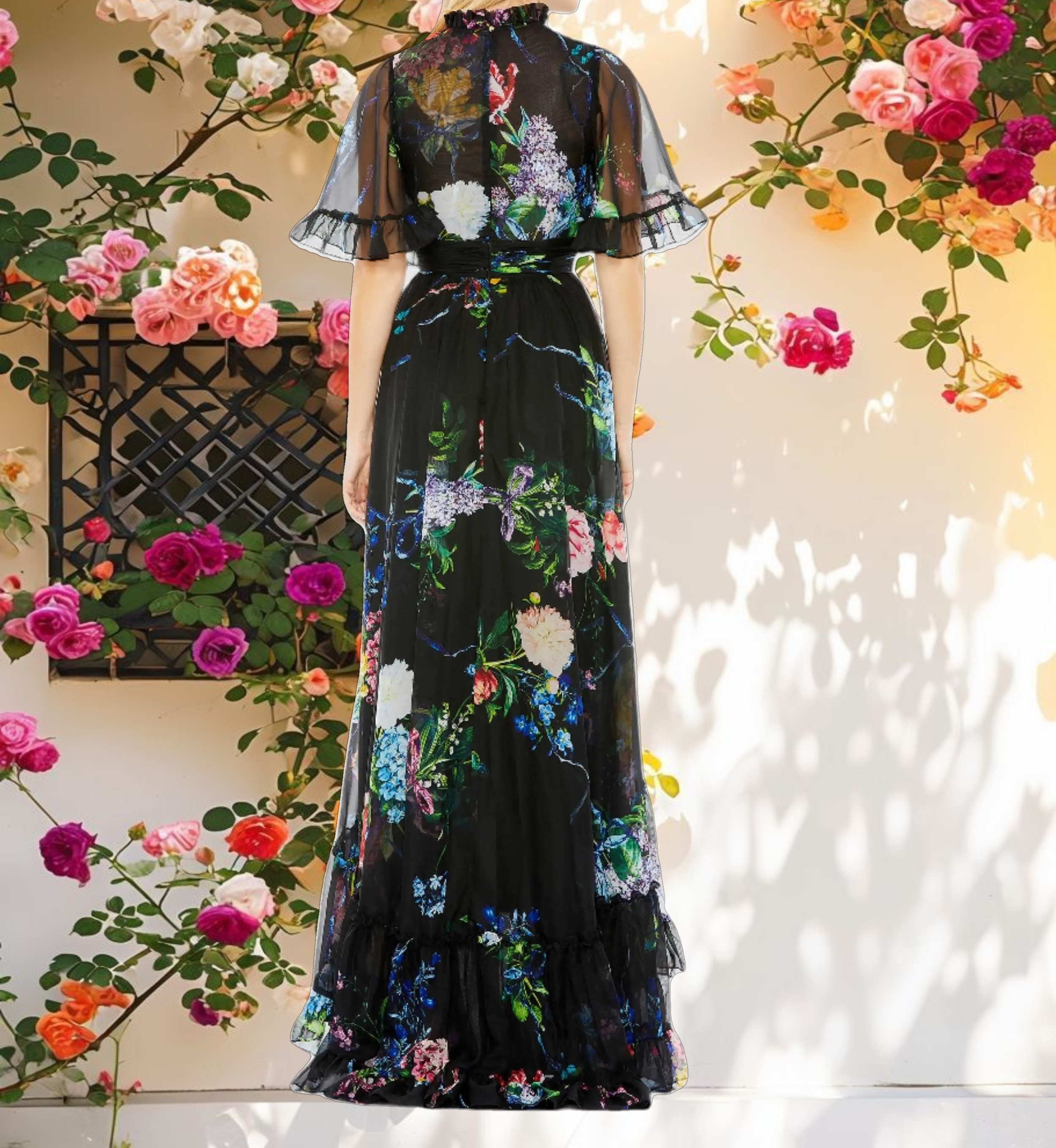 Floral Print Ruffled High Neck Flutter Sleeve Gown