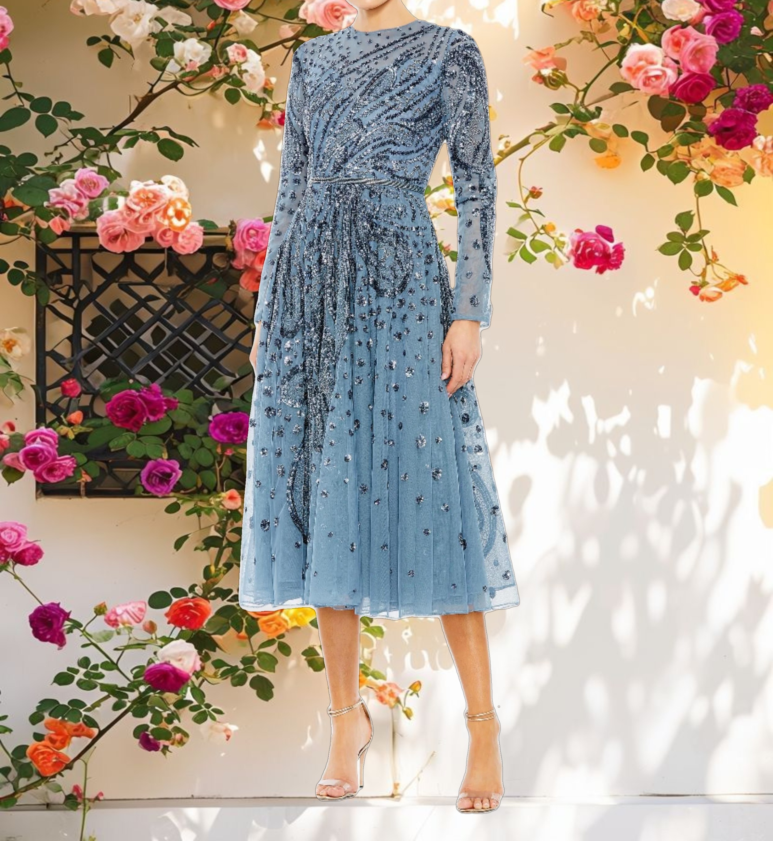 Blue Embellished Illusion High Neck Long Sleeve Dress