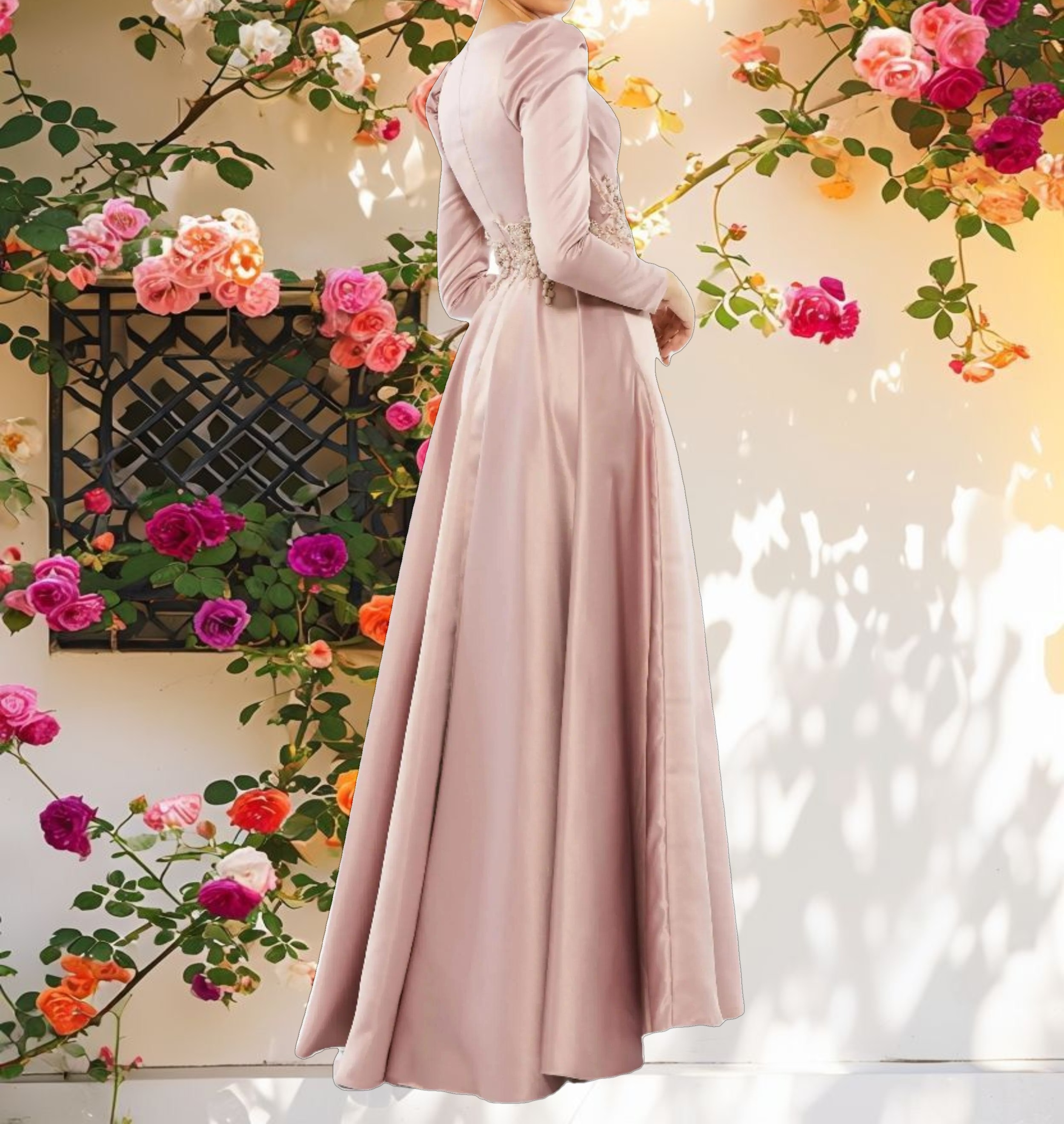 Pink Long Sleeve Decorated Dress