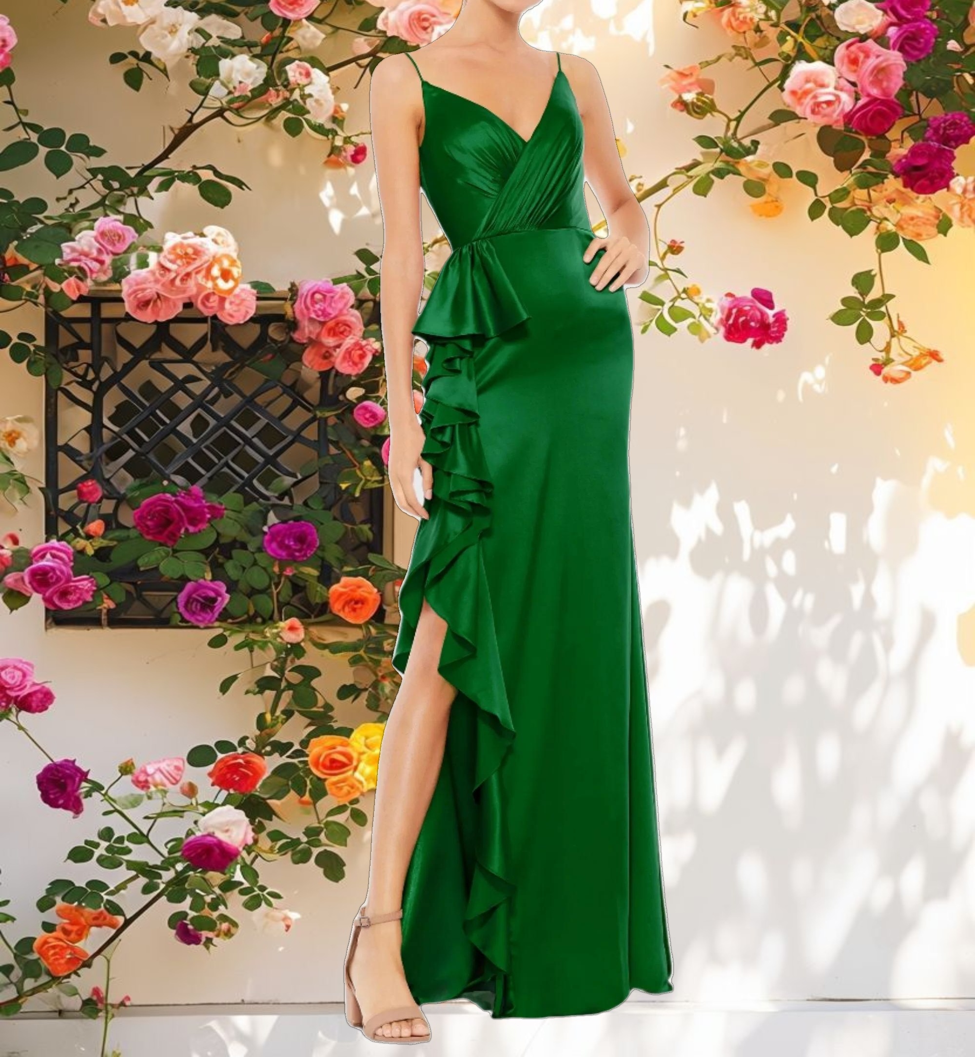 Green Satin Ruffled Asymmetrical Gown