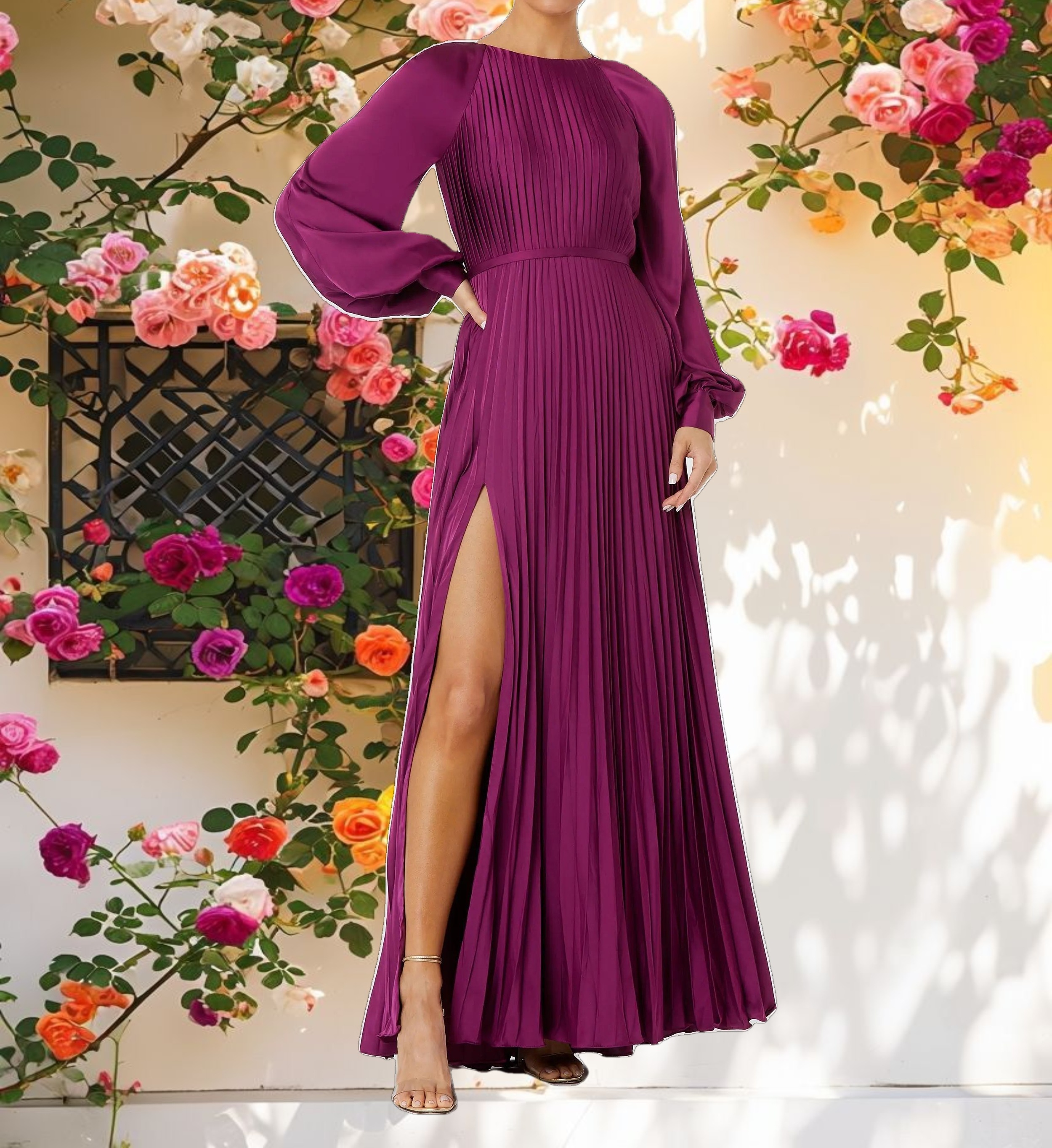 Pleated High Neck Raglan Long Sleeve Side Slit Gown