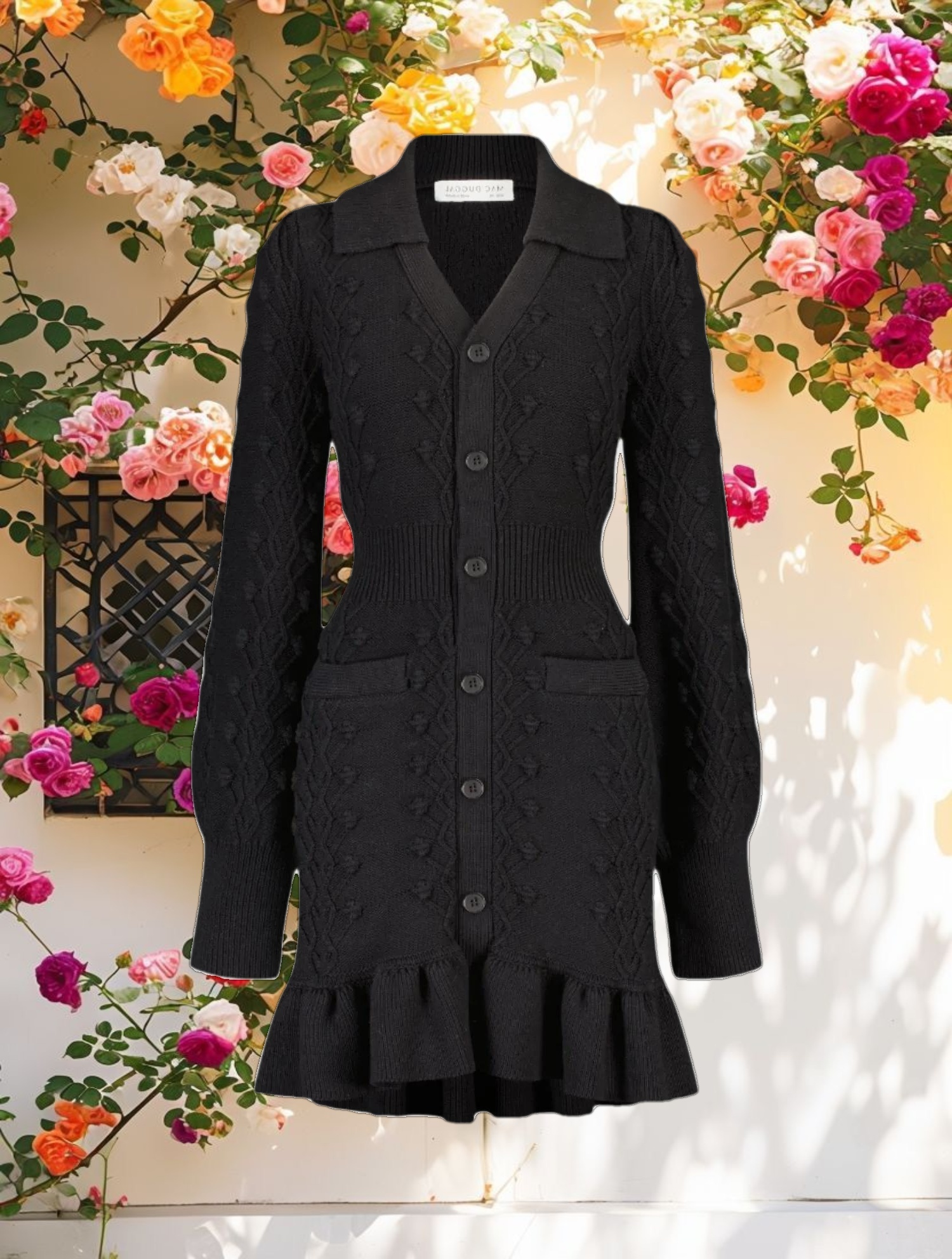 Black Long Sleeve Button Up Collared Bobble Knit Sweater Dress