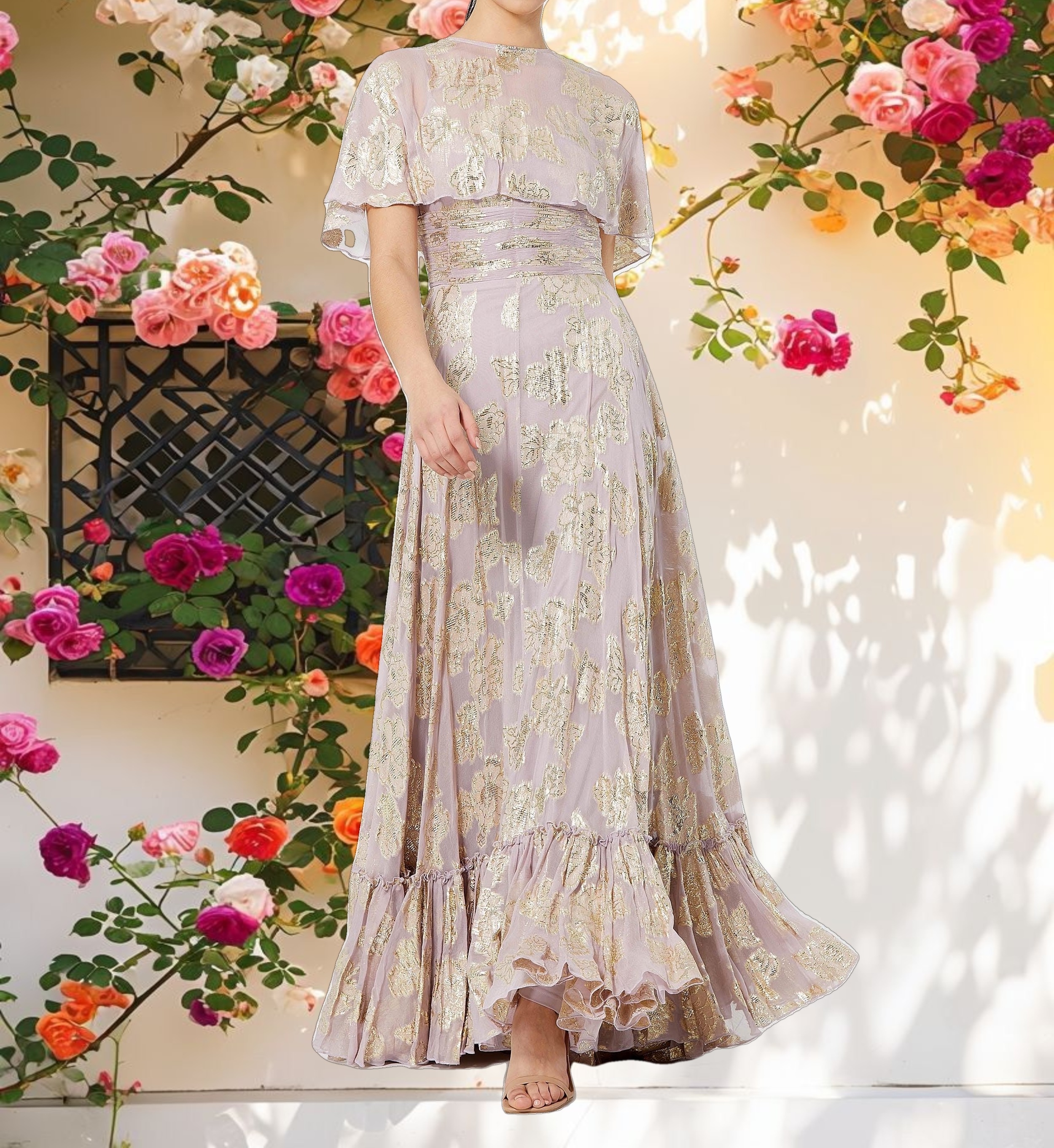 Purple High Neck Cape Sleeve A Line Floral Dress