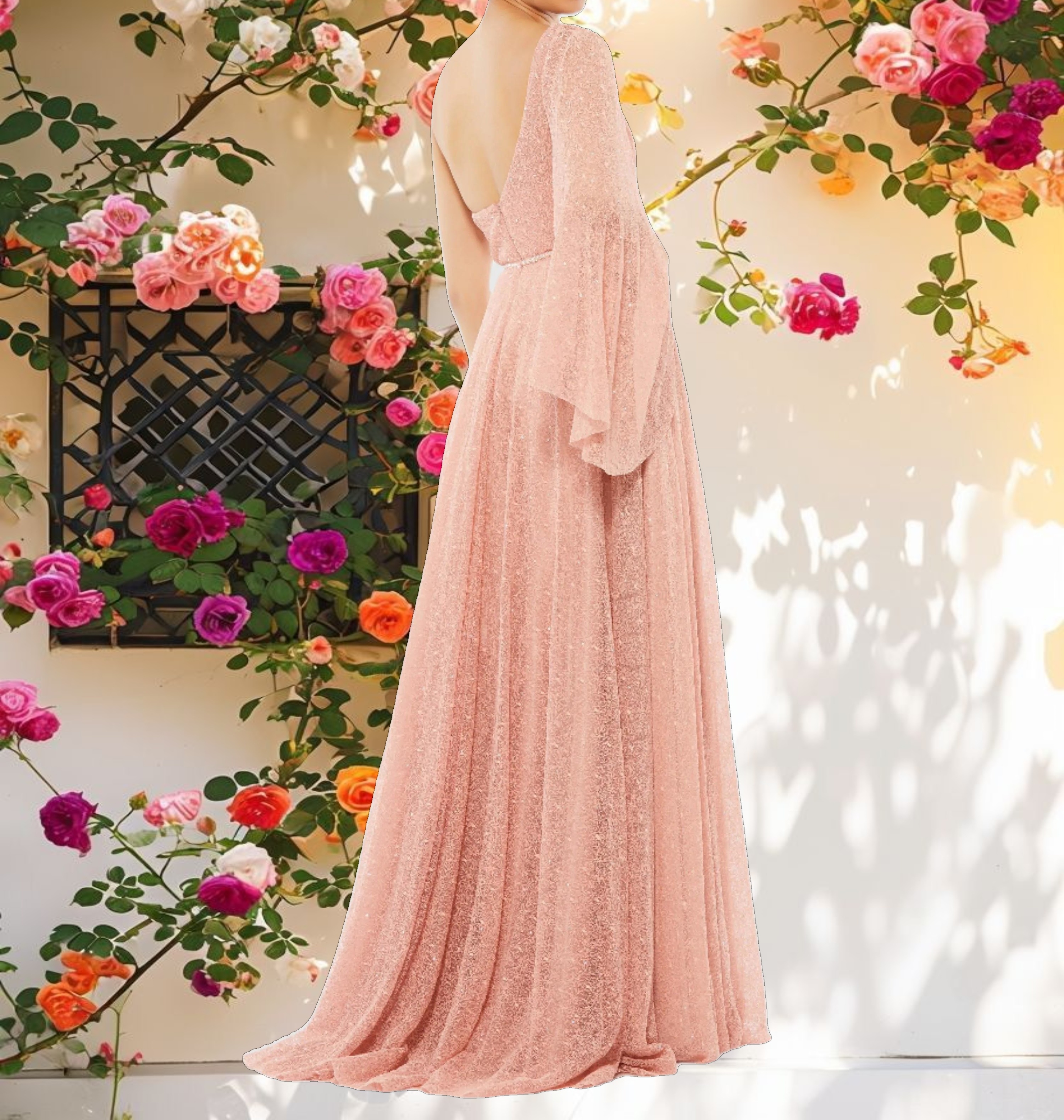 Pink Lace One Shoulder Illusion Sleeve A Line Gown