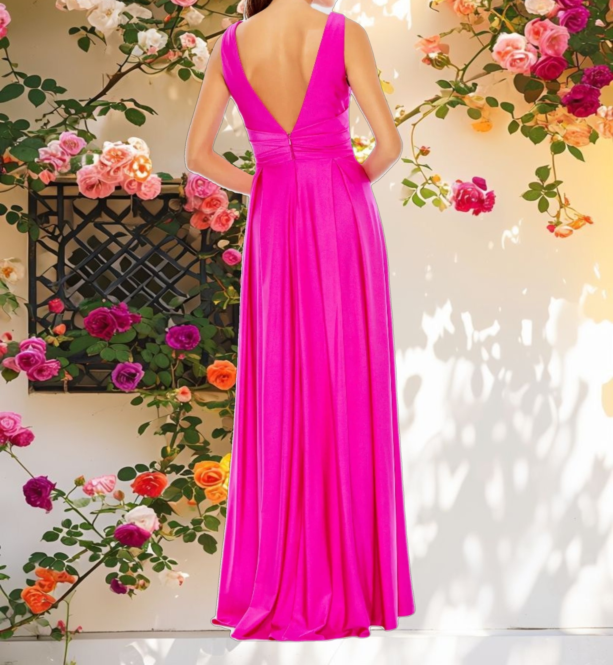 Pink Jersey Plunge Neck Evening Gown