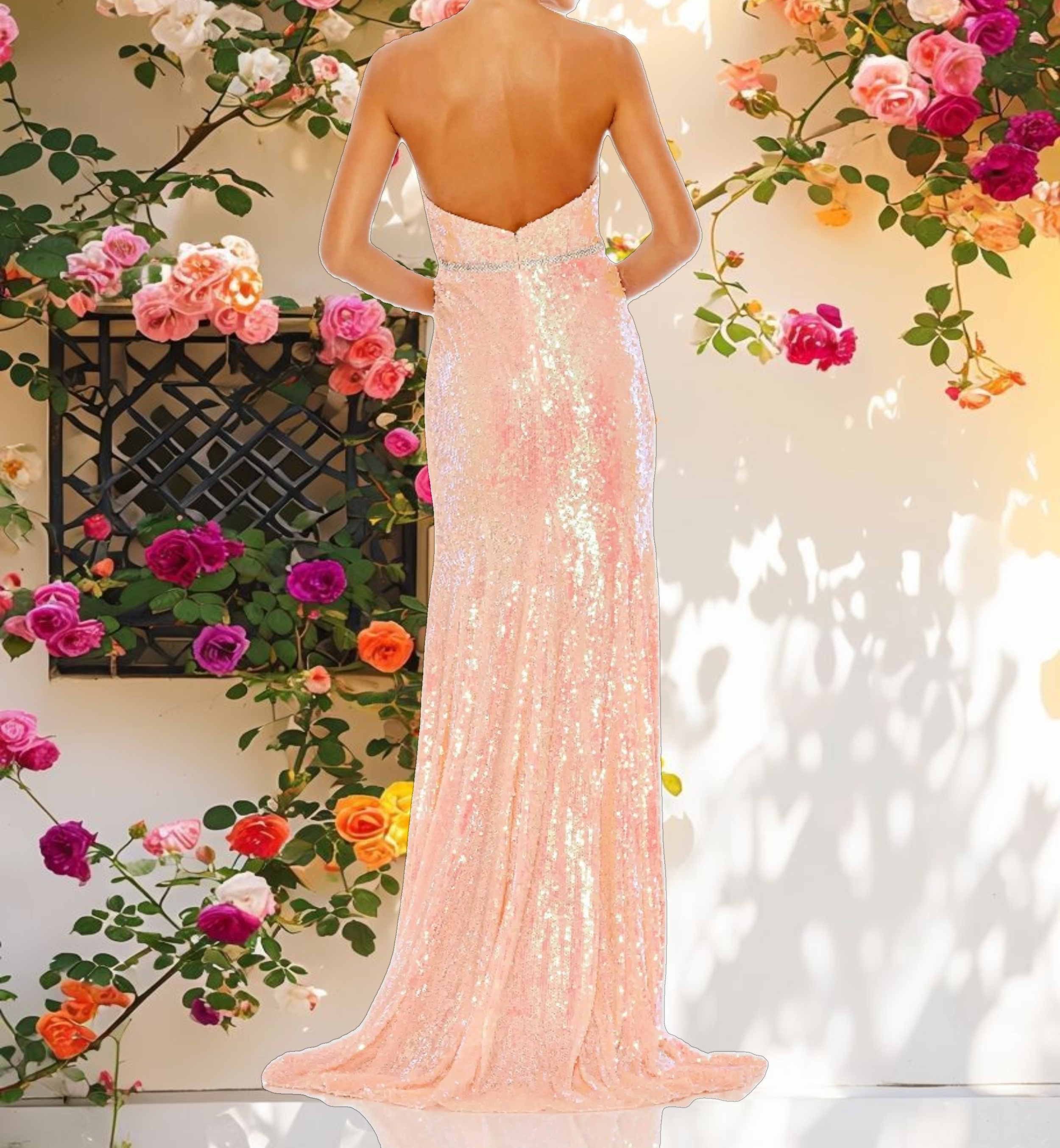 Sequined Strapless Rhinestone Belt Gown