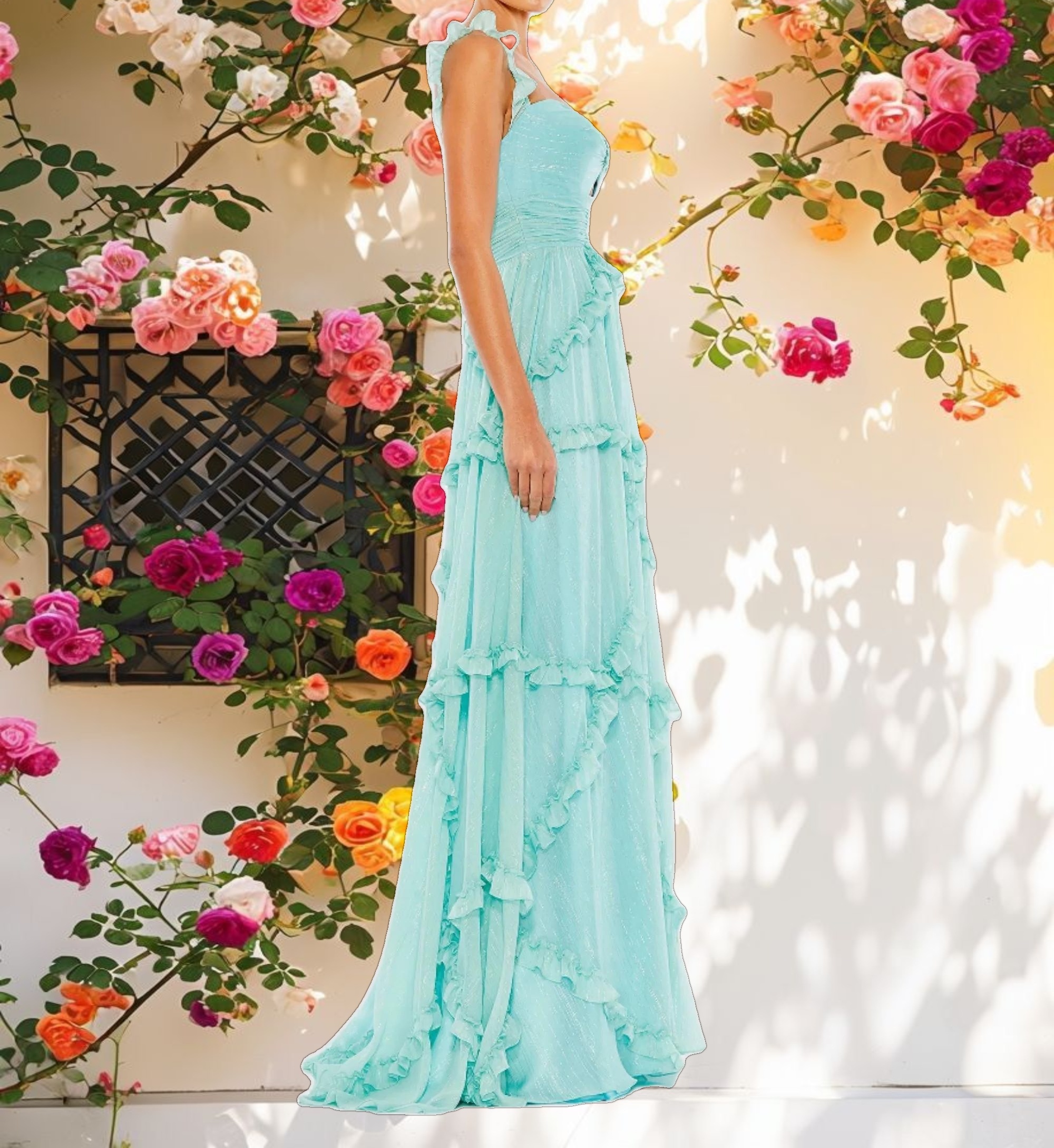Blue Ruffle Tiered Sleeveless Flowy A Line Gown