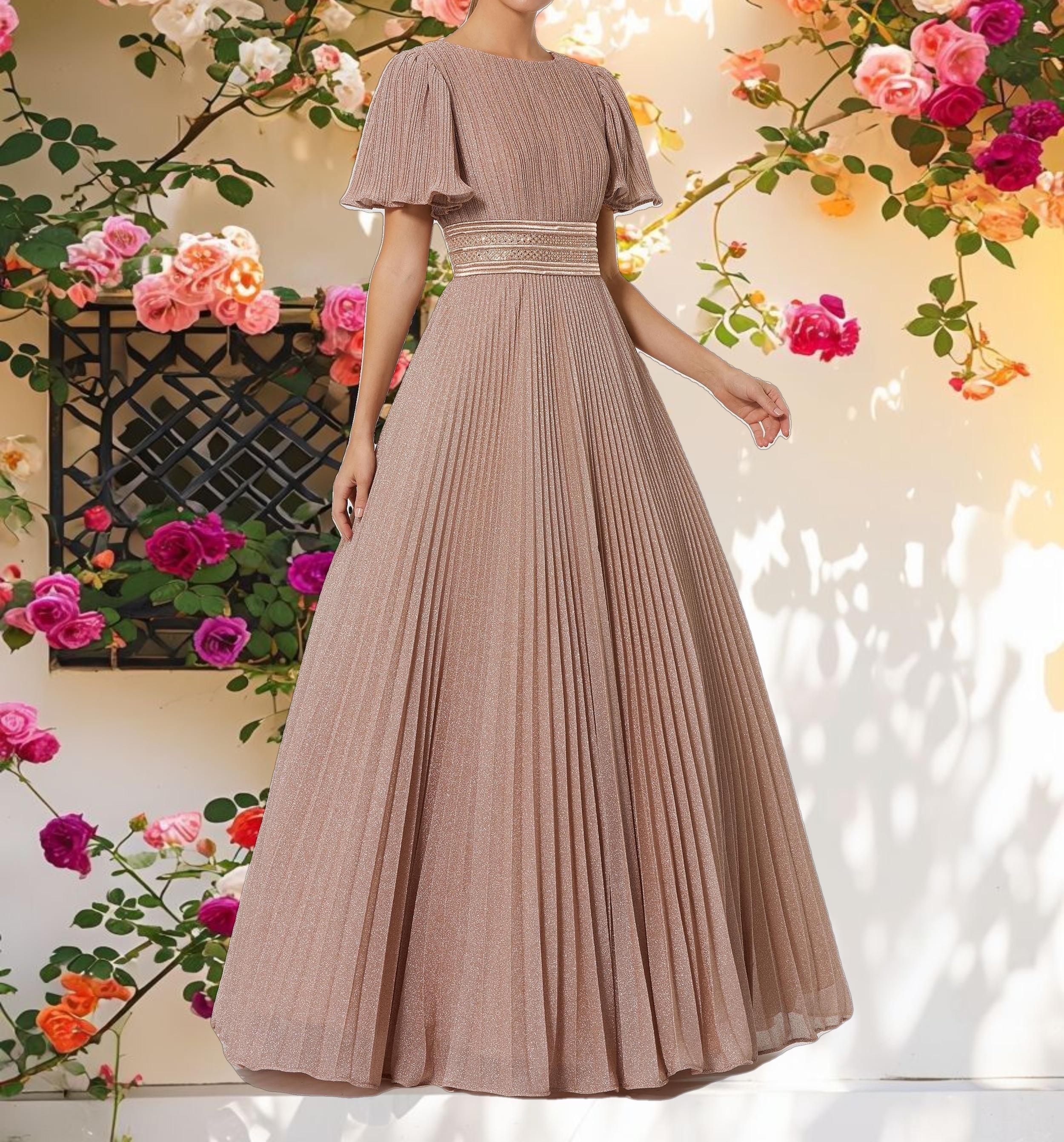 Pink Pleated Shimmering Flutter Sleeve Gown