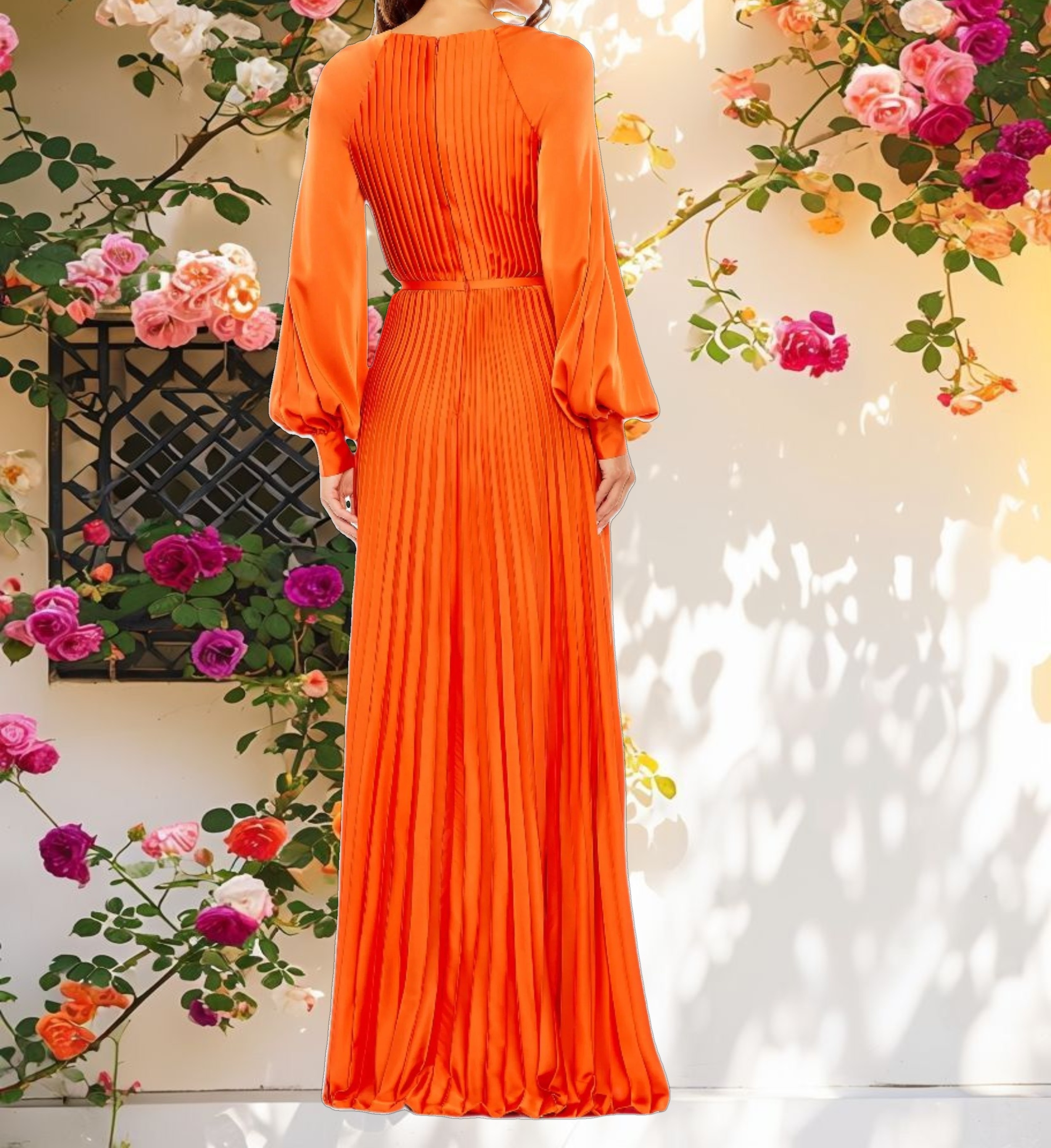 Orange Pleated High Neck Raglan Long Sleeve Side Slit Gown