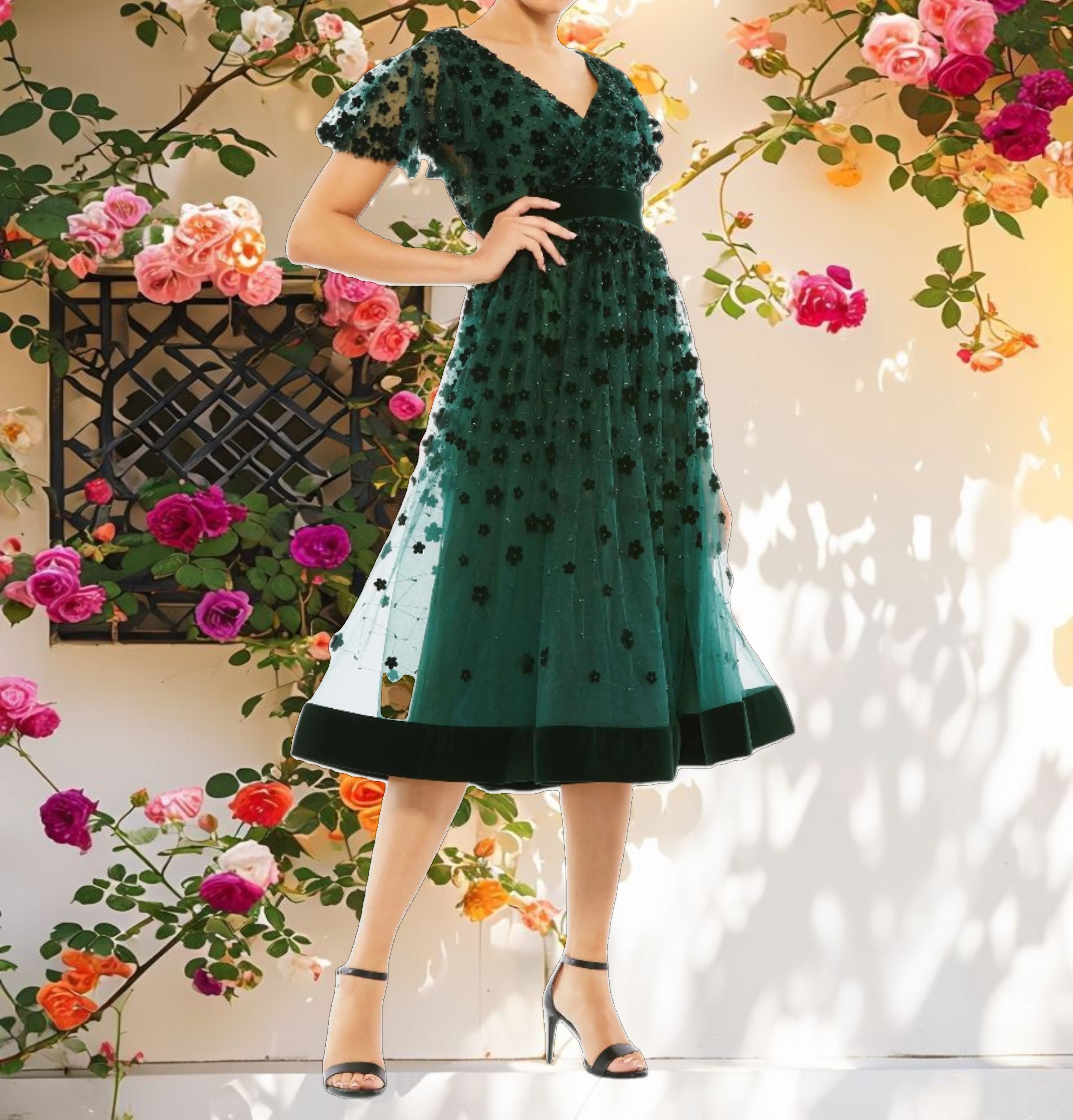 Embellished Butterfly Sleeve Velvet Hem Midi Dress