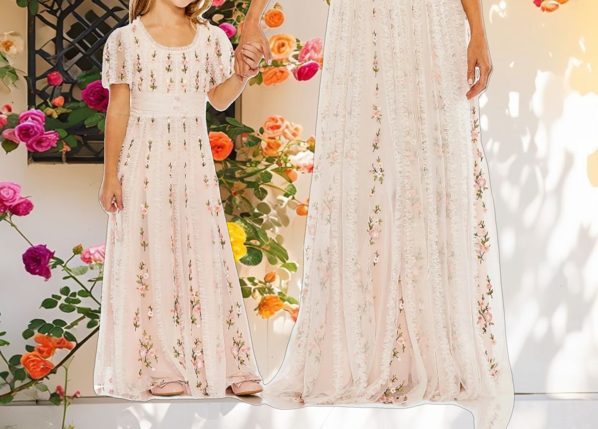 Pink Floral V Neck Ruffle Detail Empire Waist Gown