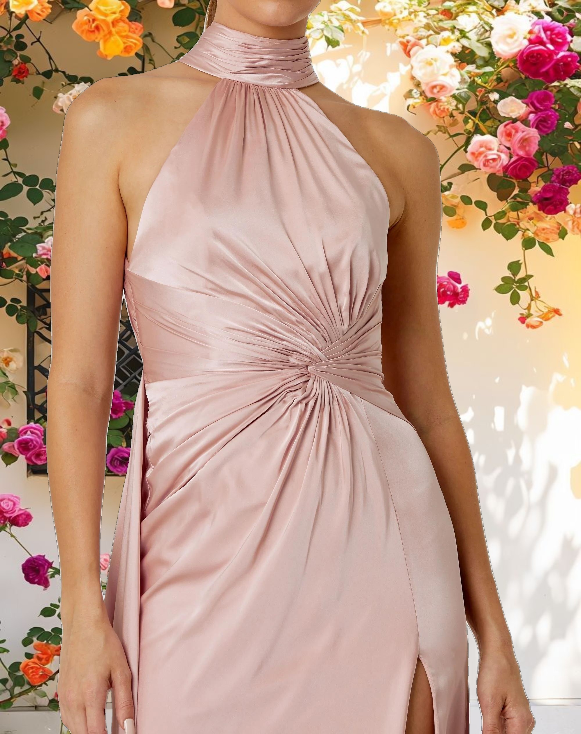 Pink Open Back High Neck Side Ruched Gown