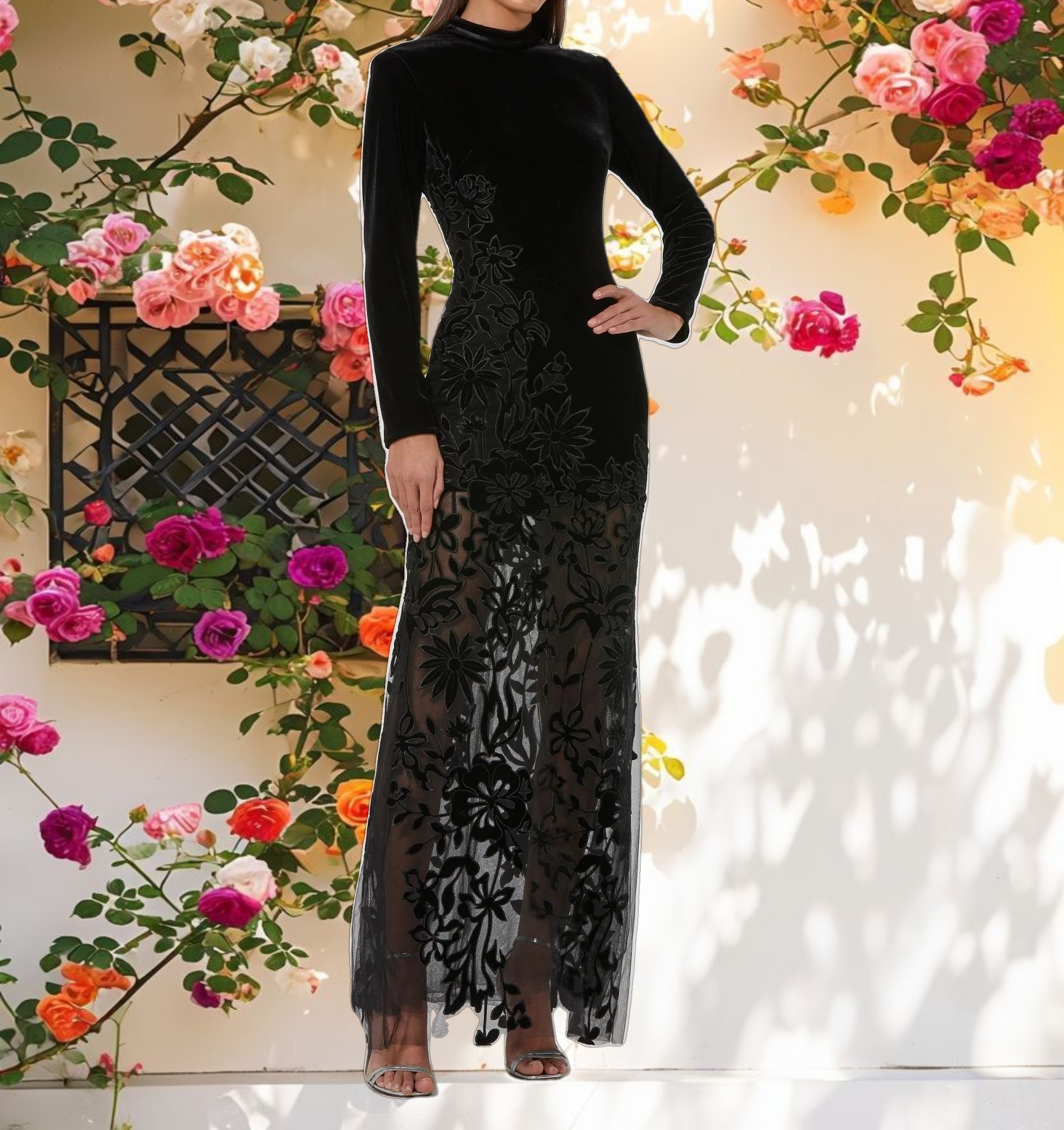 Black Long Sleeve Sheer Floral Embroidered Velvet Gown
