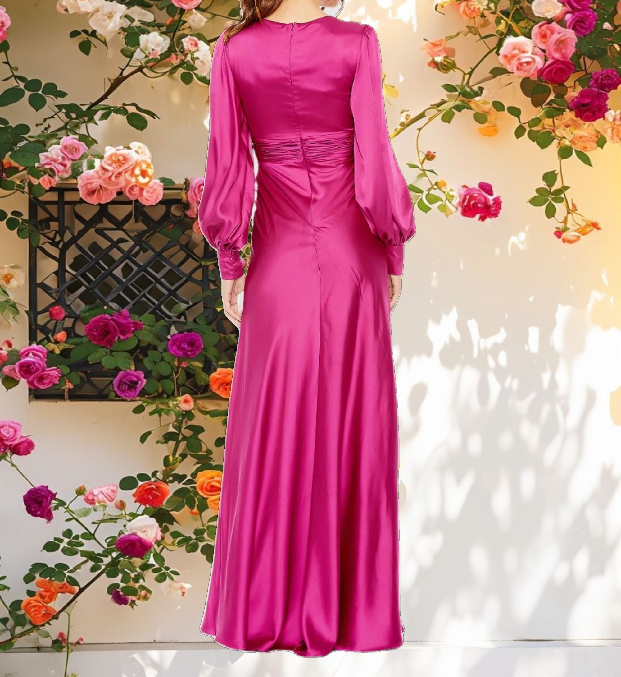 Pink Charmeuse Bishop Sleeve V Neck Gown