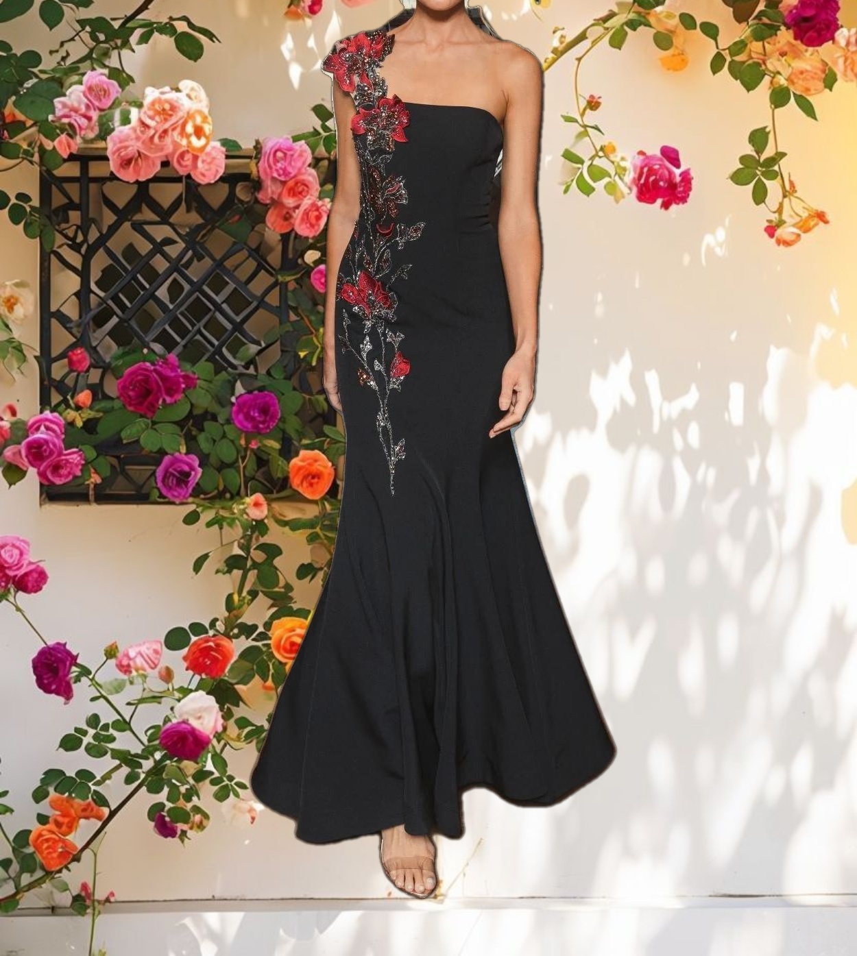 Black Off The Shoulder Embroidered Mermaid Gown