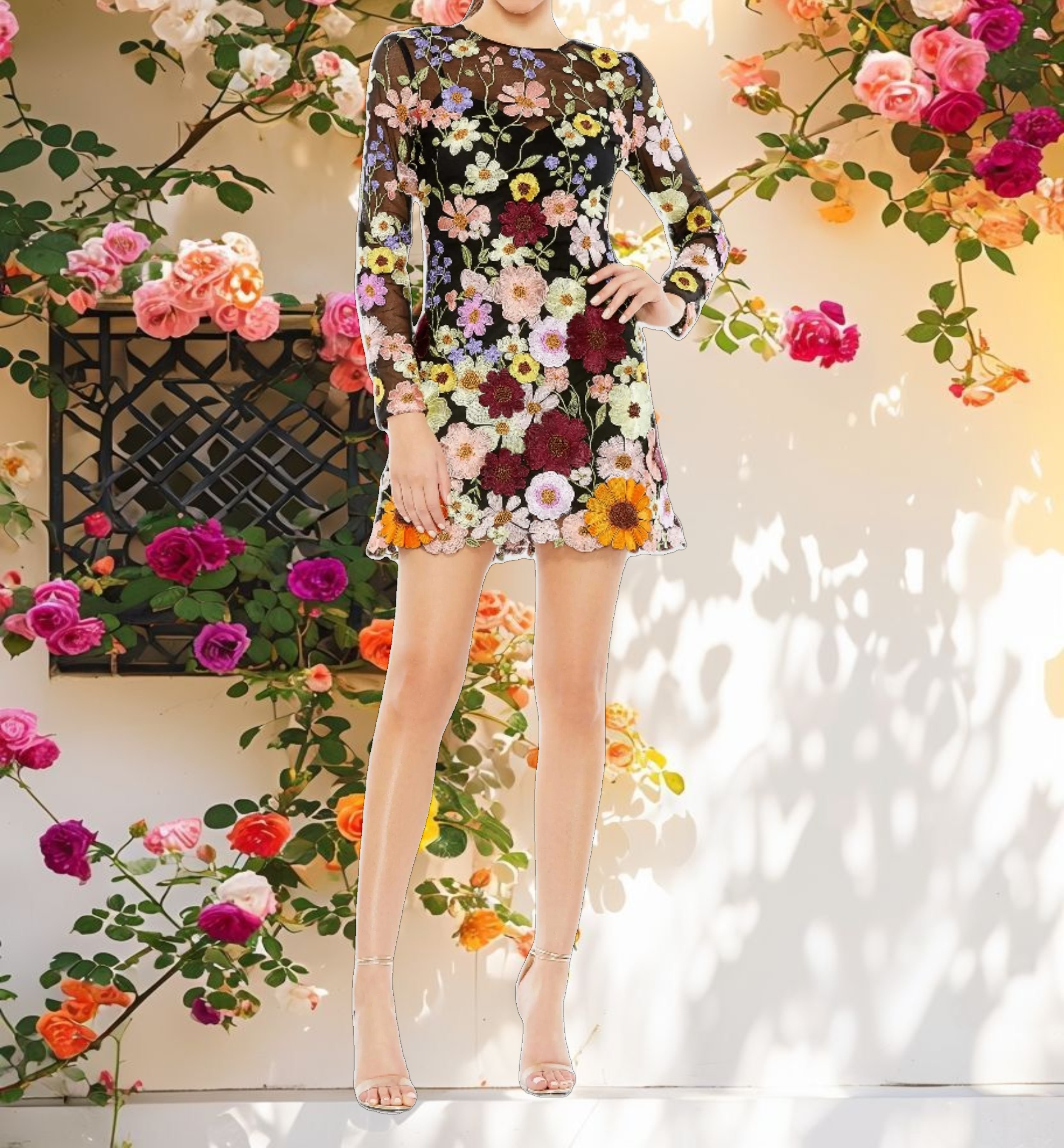 Floral Embroidered Long Sleeve Mini Dress