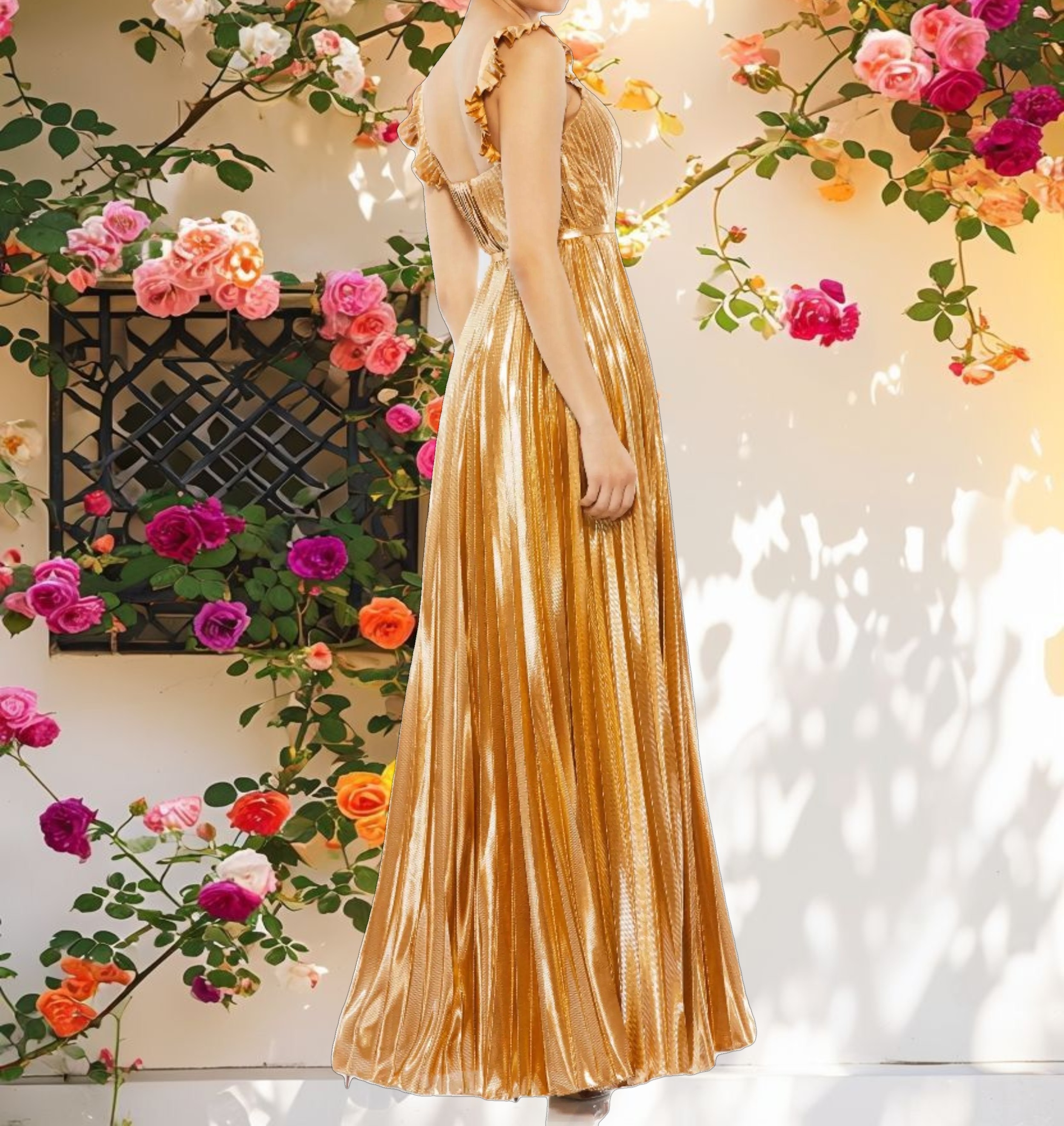 Gold Pleated Ruffled Sleeveless Gown