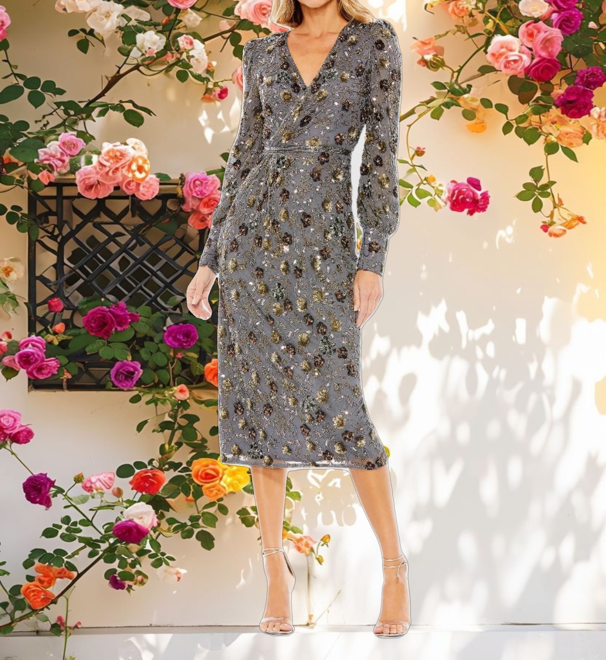 Gray Long Sleeve V Neck Midi Dress