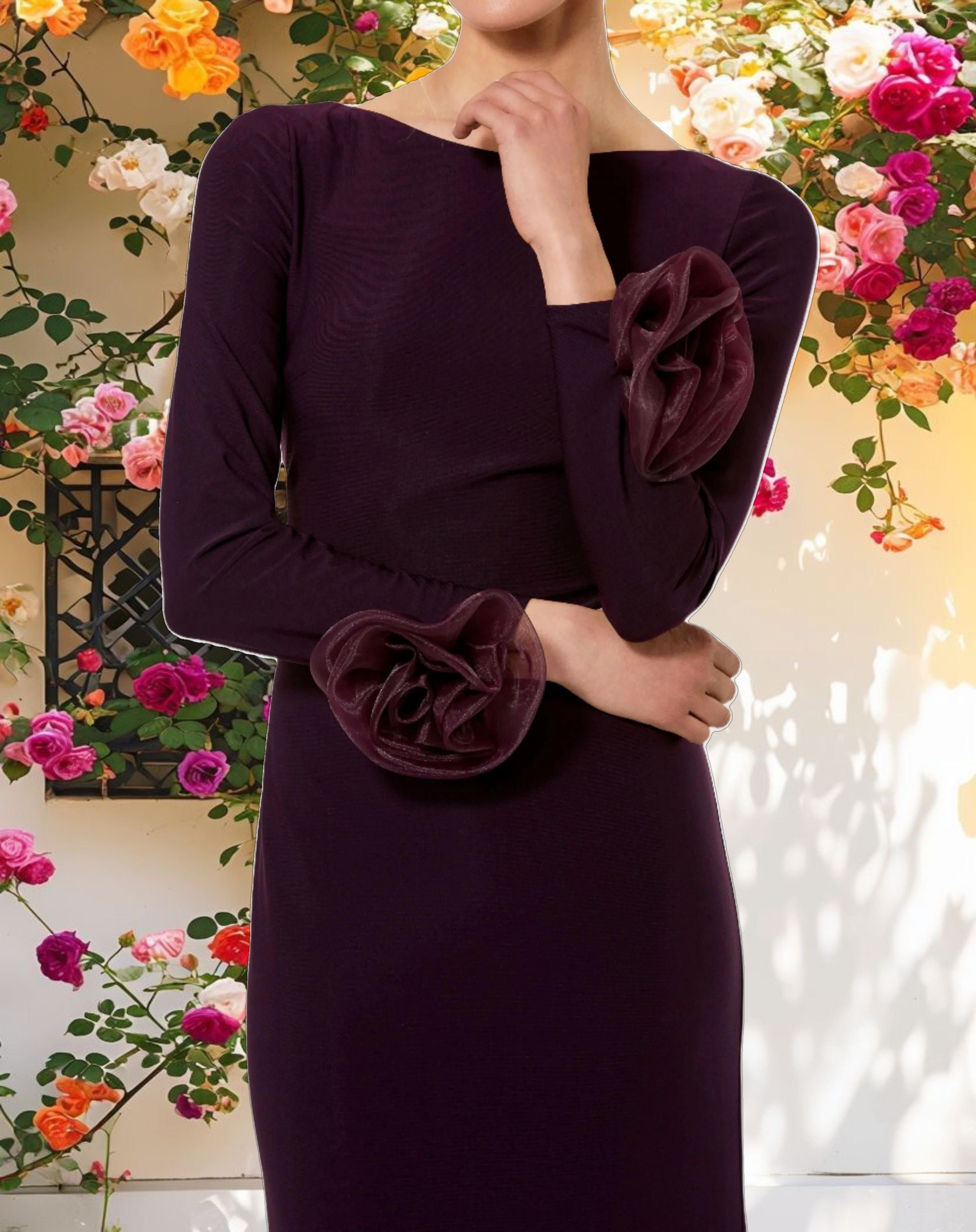 Purple Long Sleeve Fitted Jersey Gown With 3D Flowers