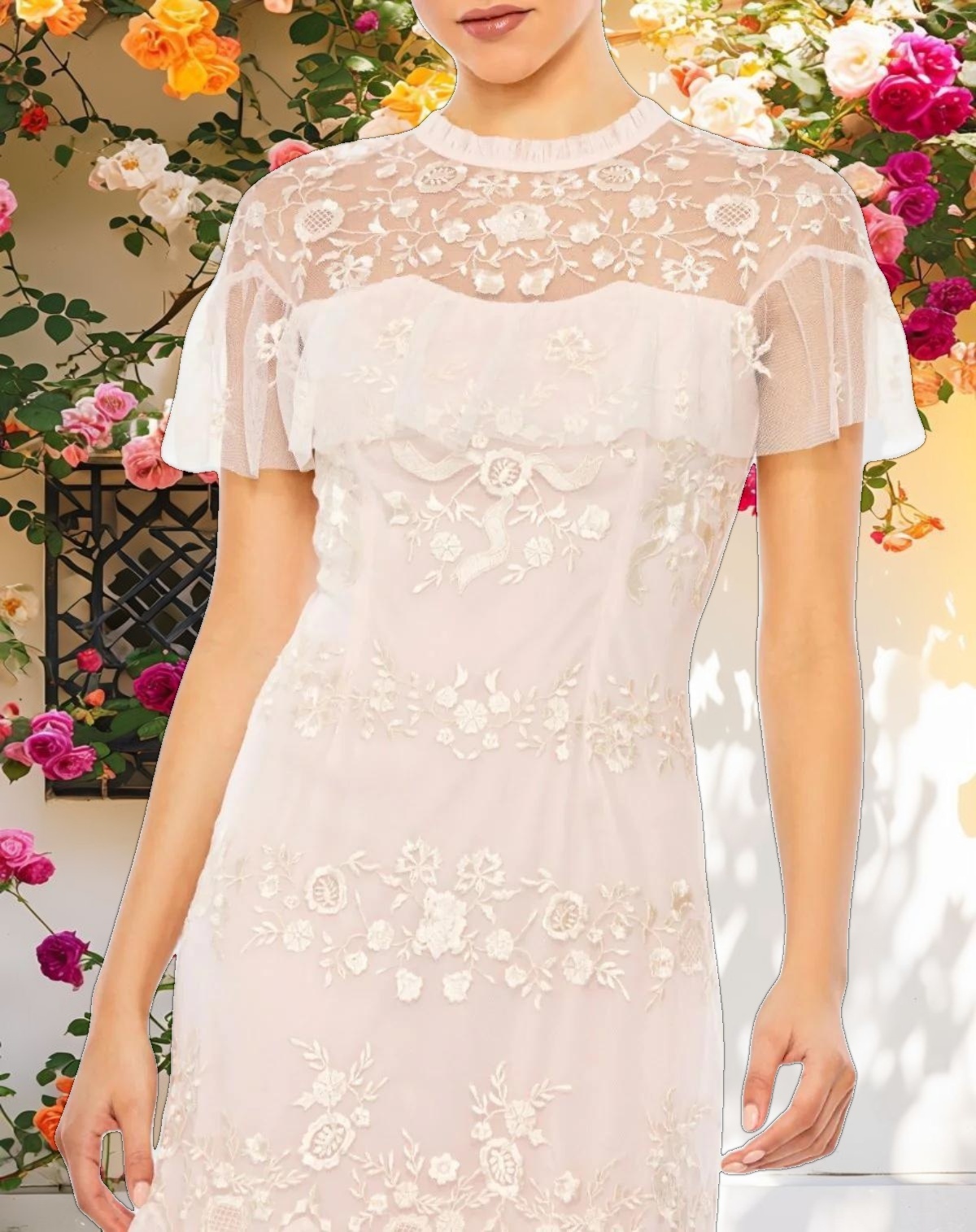 Pink High Neck Mesh Tier Embroidered Dress
