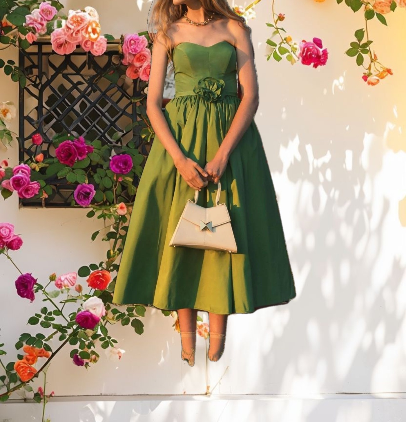 Elegant Floral A-Line Midi Dress With 3D Rose