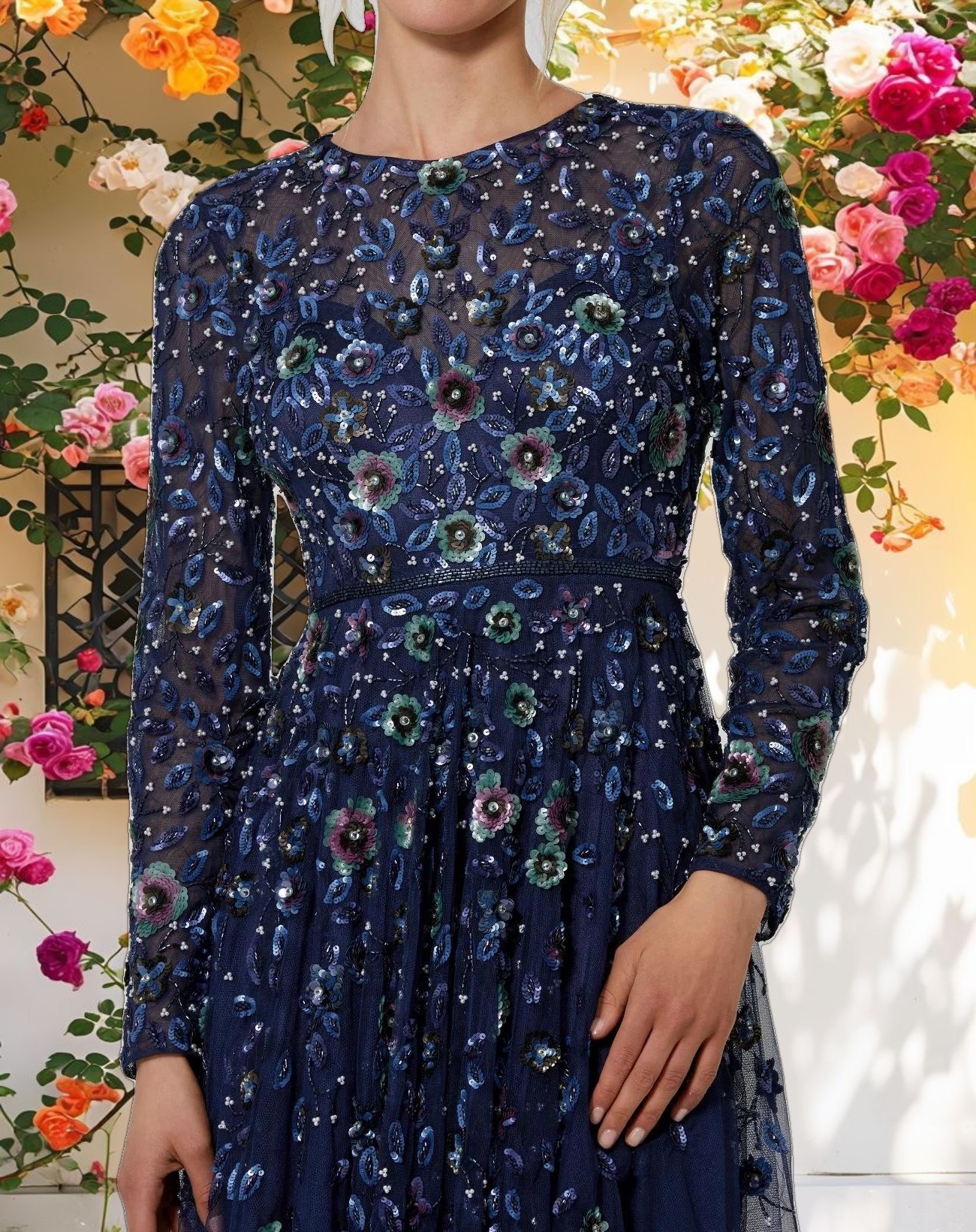 Navy Embellished High Neck Long Sleeve A Line Gown
