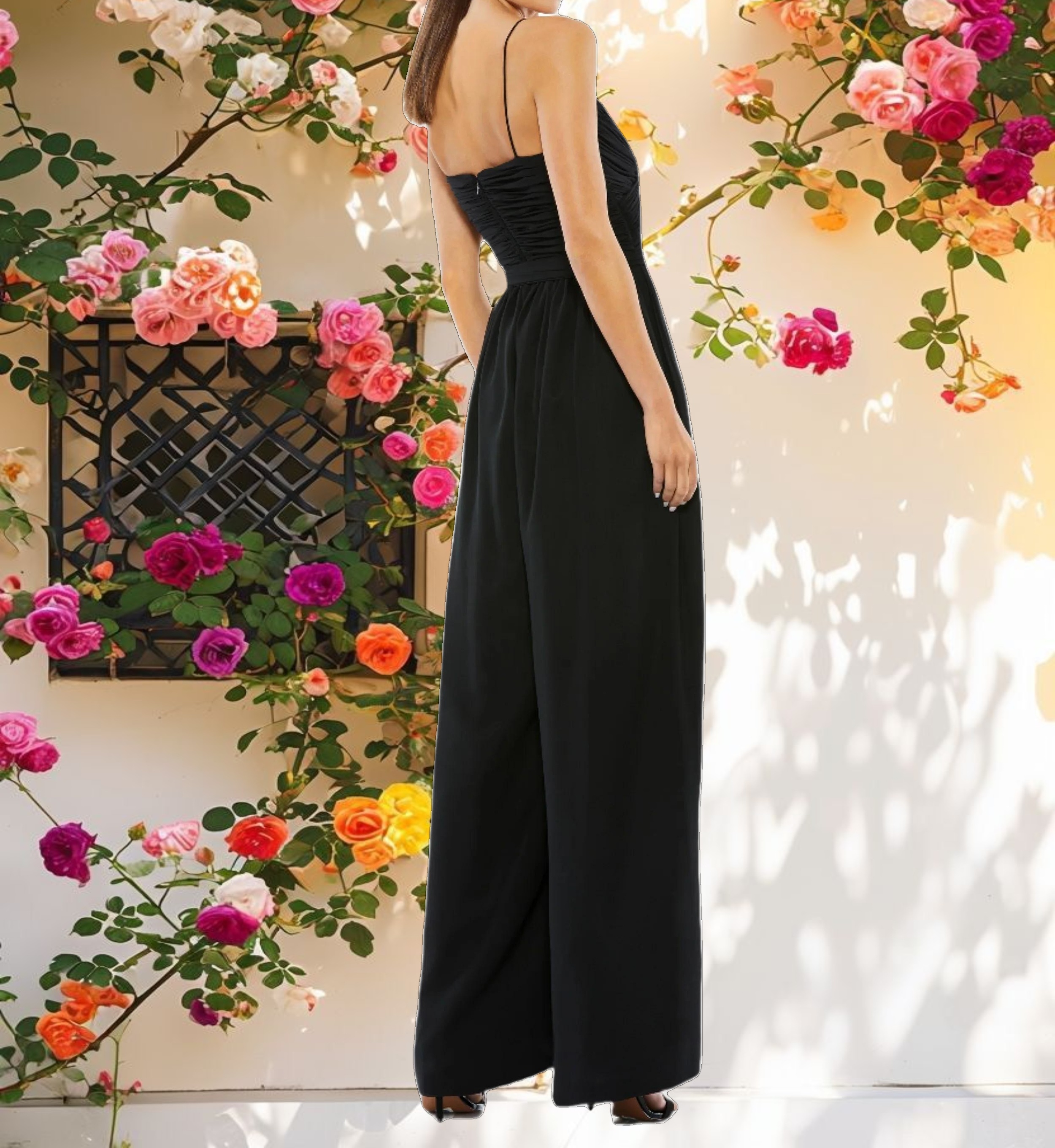 Black Flowy Faux Wrap Jumpsuit
