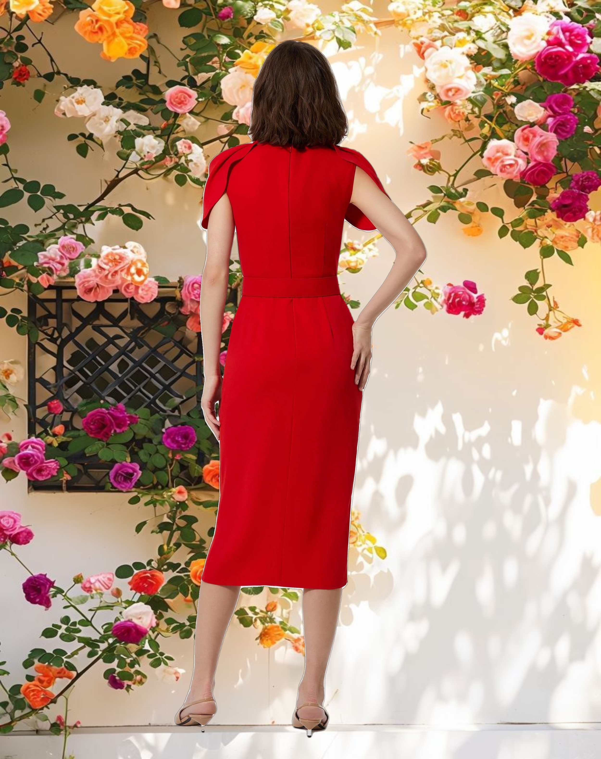 Pink Crepe Boat Neck Midi Tulip Dress With Belt