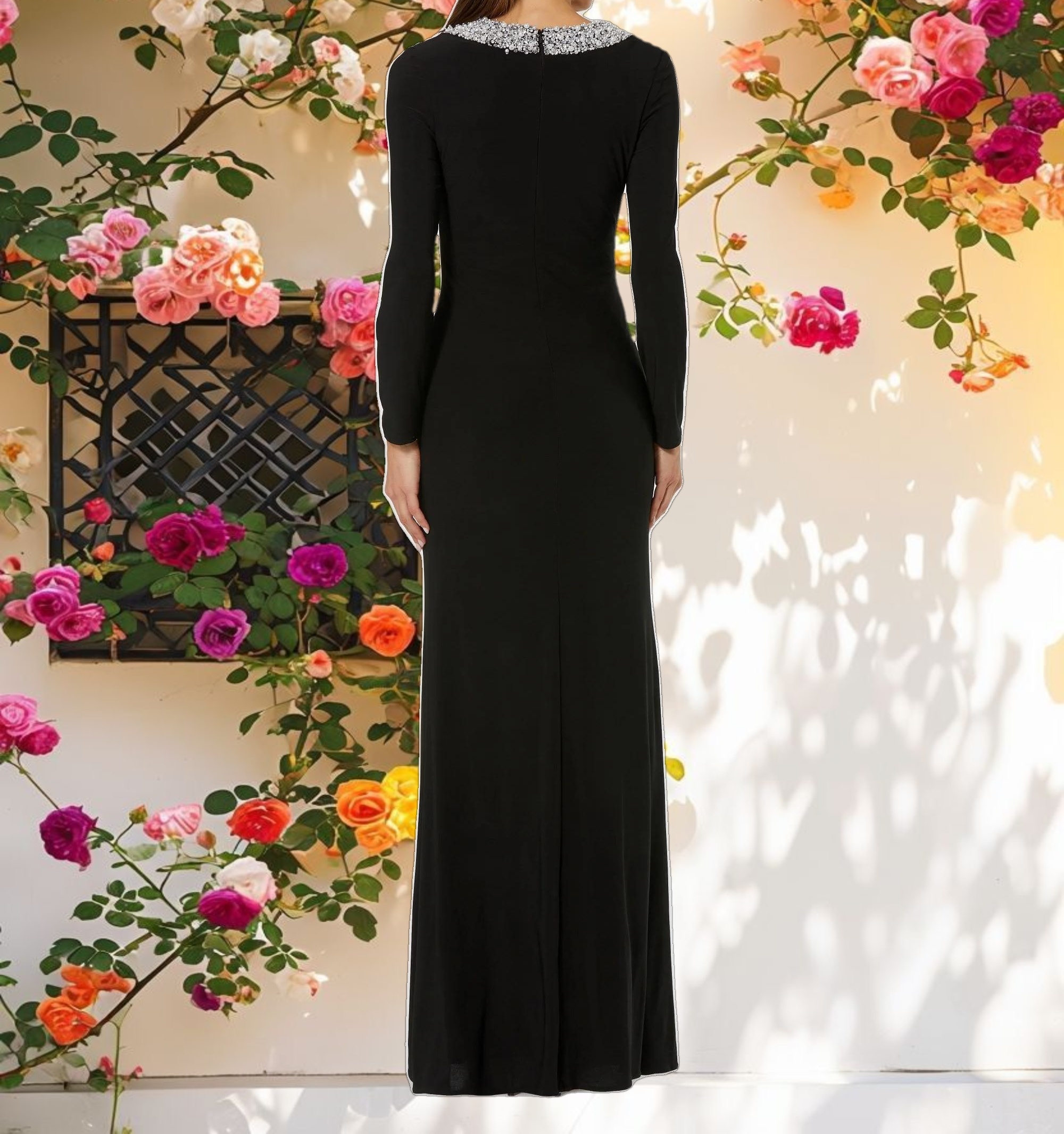 Black Jersey Long Sleeve Fitted Gown With Beaded Neck