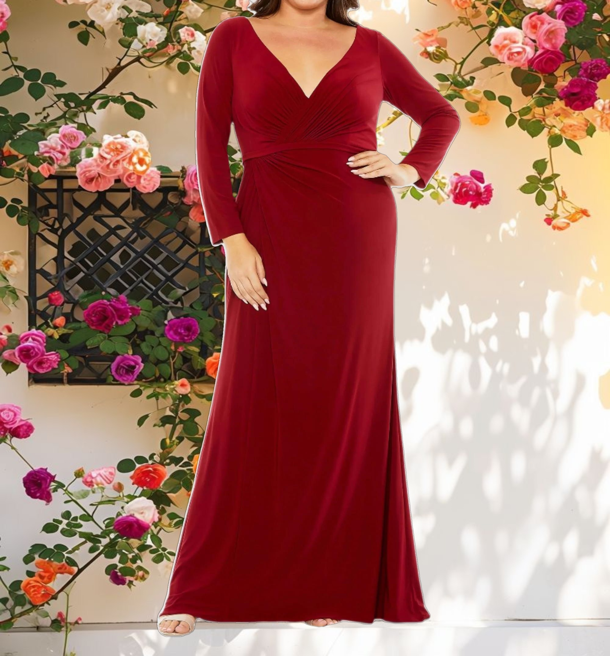 Long Sleeve V Neck Faux Wrap Gown