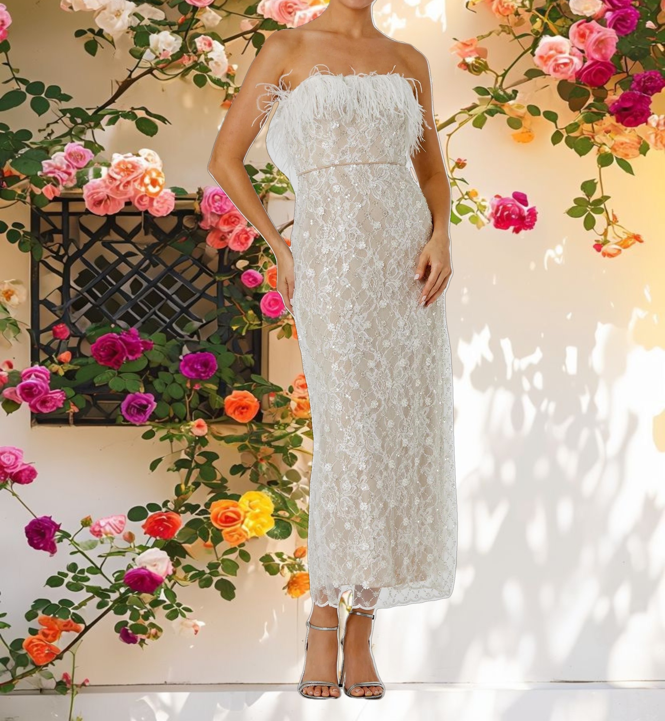 Stitched Feather Trimless Column Dress