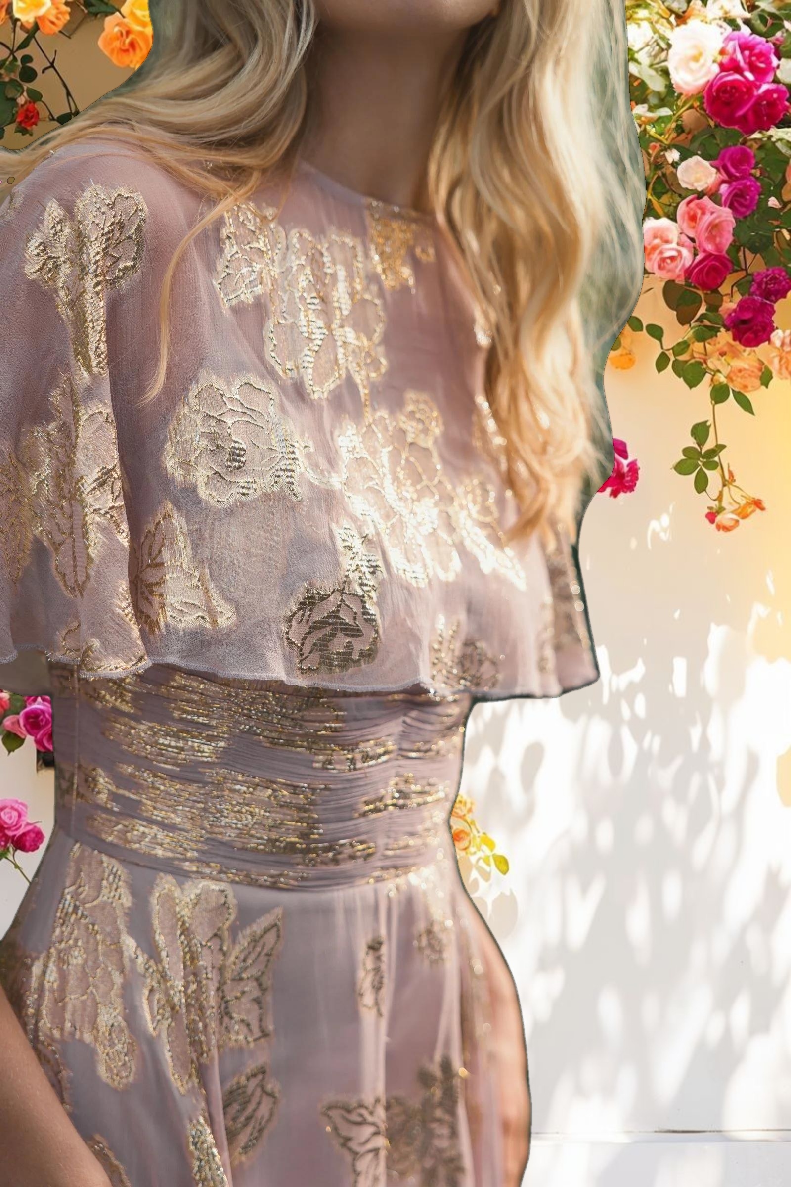 Purple High Neck Cape Sleeve A Line Floral Dress