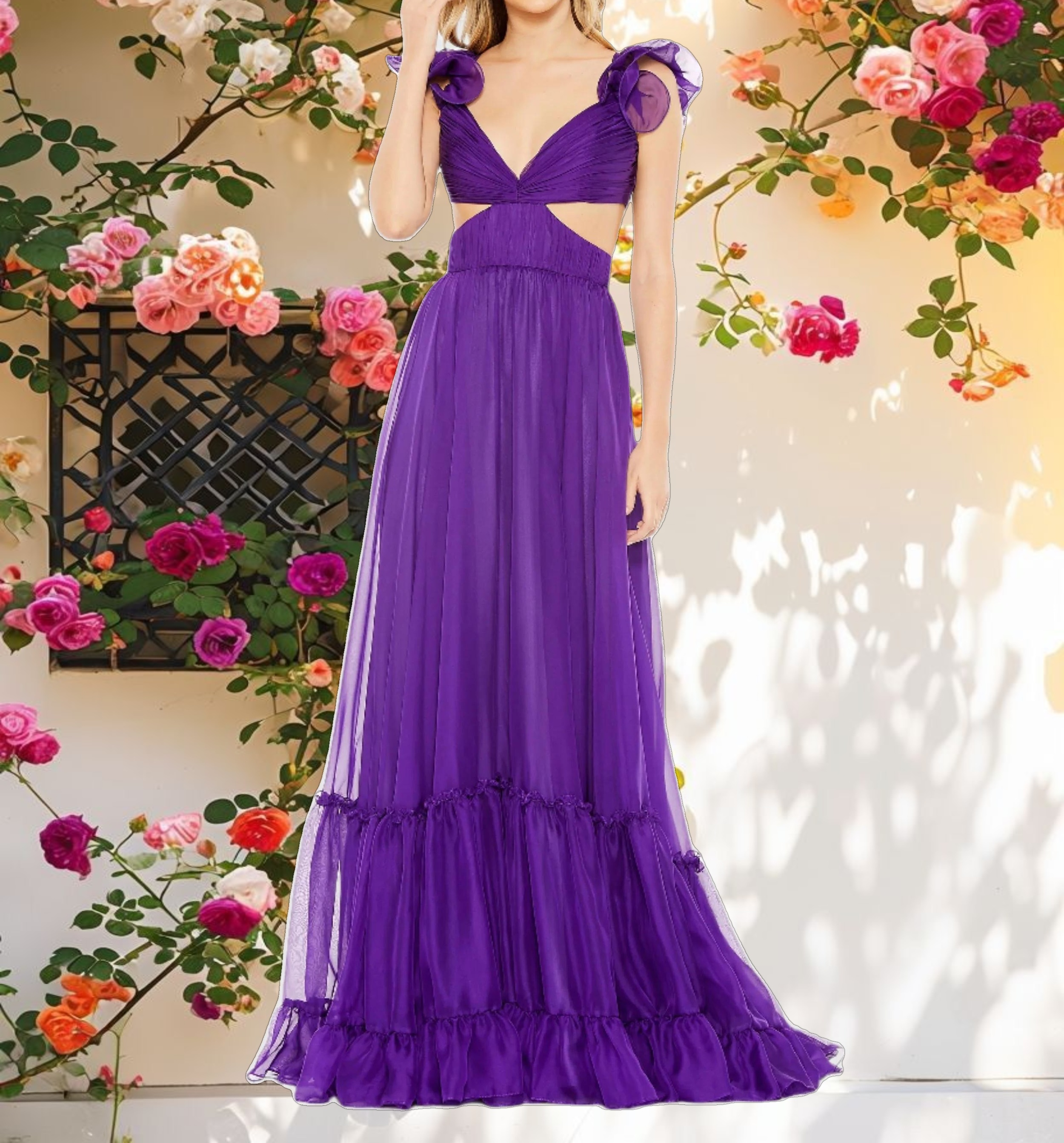 Purple Ruched Ruffled Shoulder Cut Out Lace Up Gown