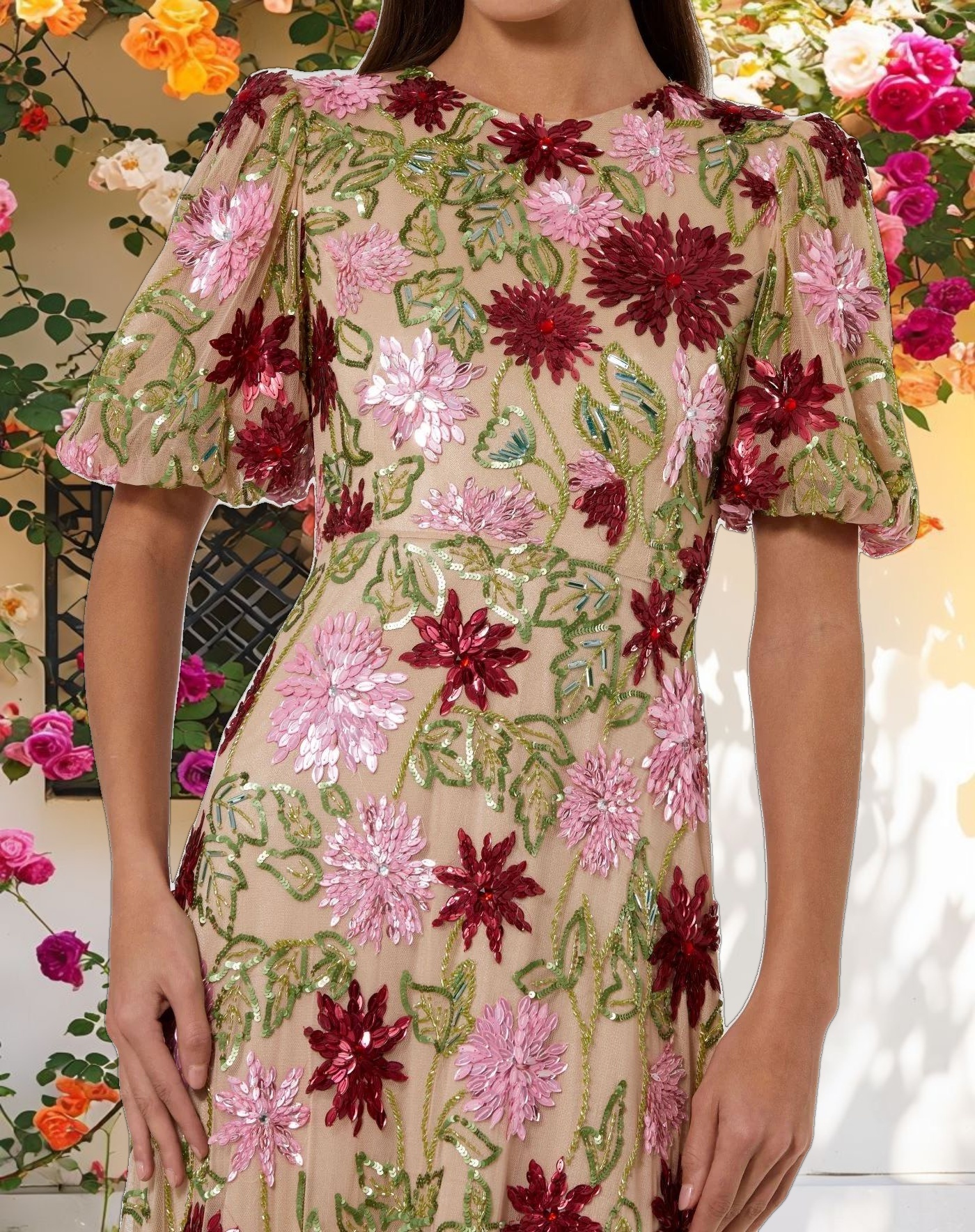 Beige Floral Beaded Mesh Puff Sleeve Gown