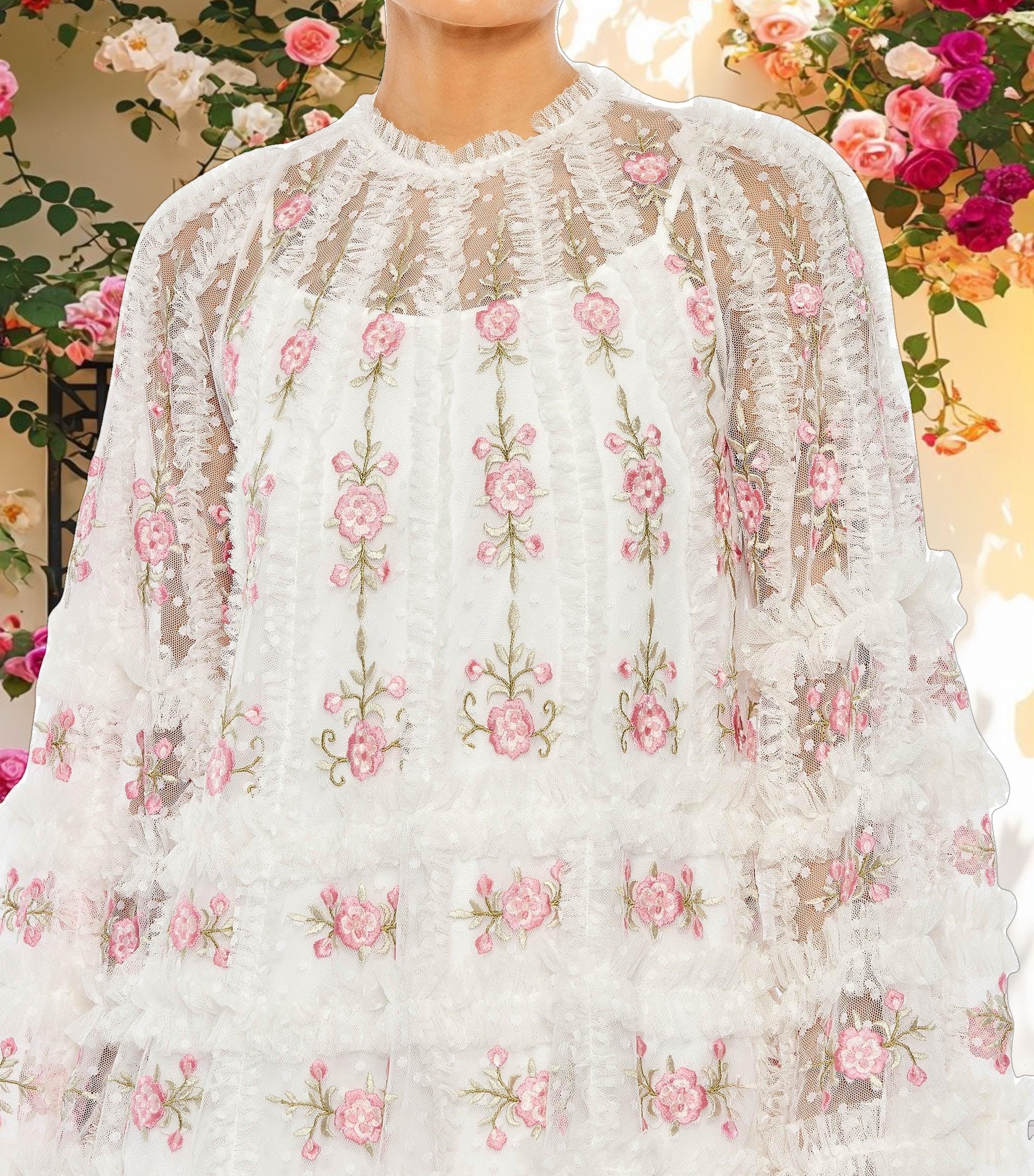 Stitched Long Flare Sleeve Net A Line Dress