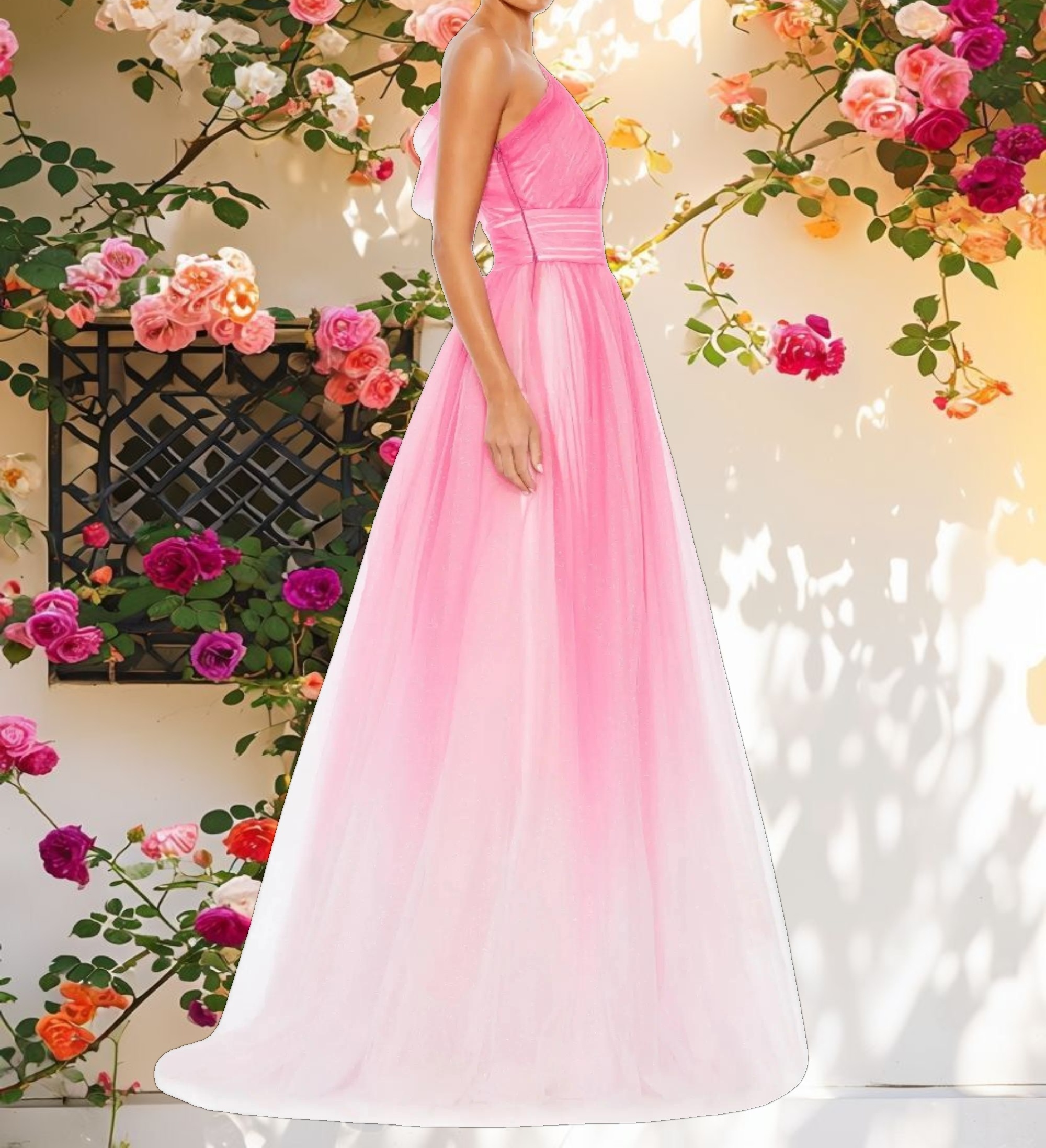 Sparkling Gradient Ruffled Off-Shoulder Gown