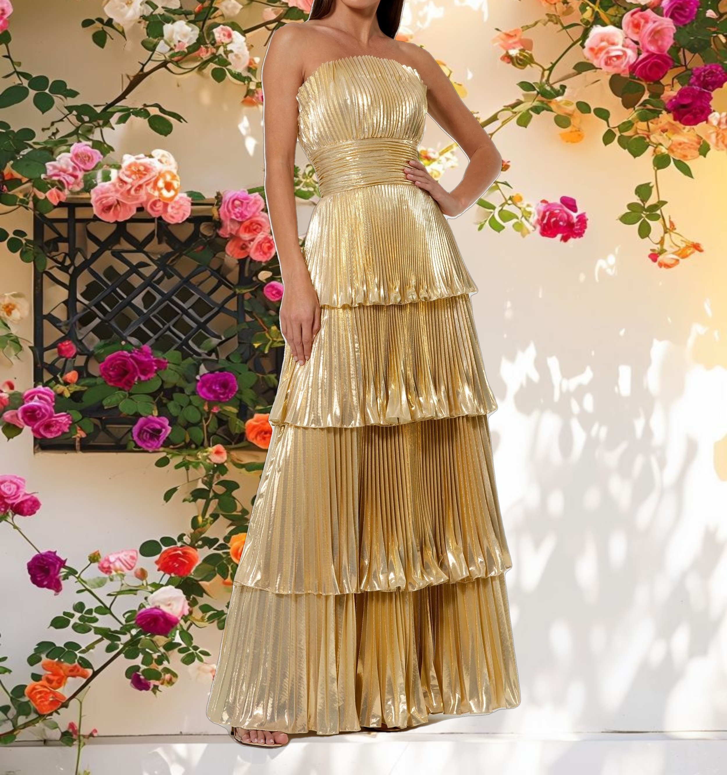 Gold Strapless Pleated Metallic Layered Ruffle Gown